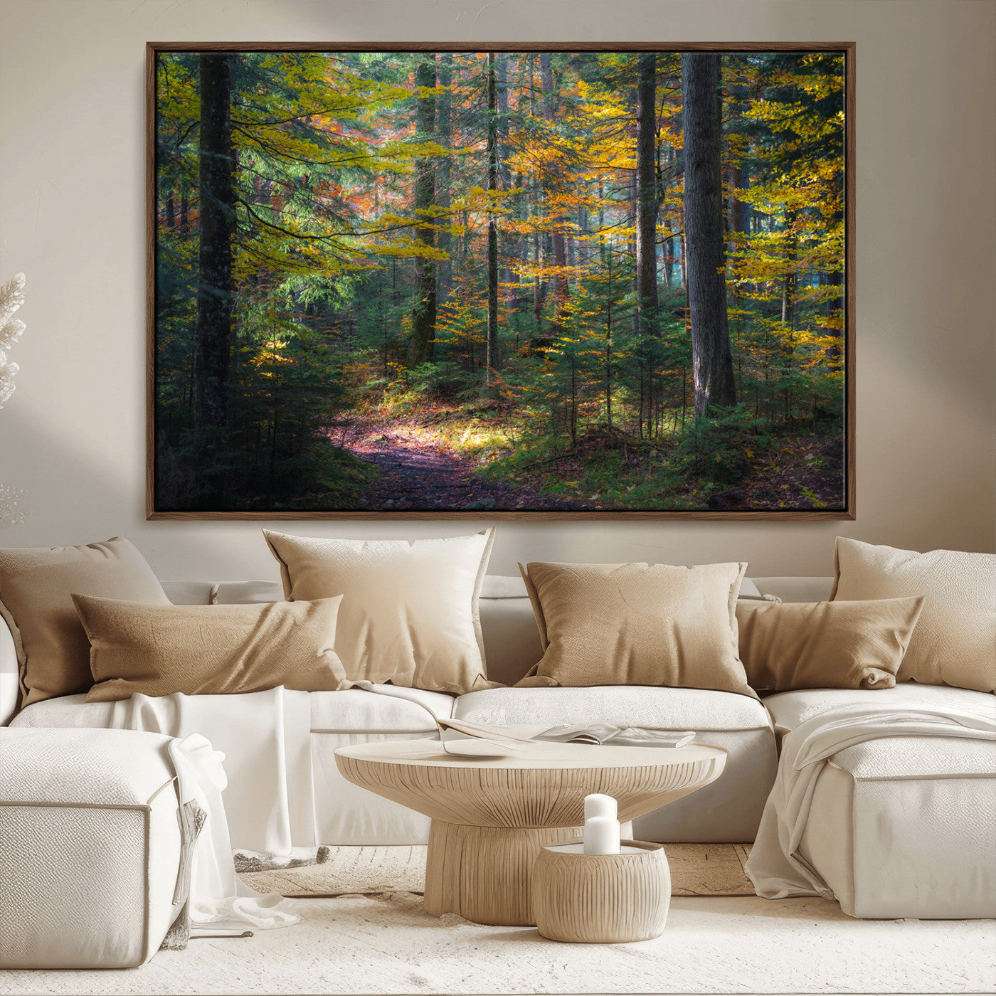 65810864-MGV-CV-36X24-Autumn Forest Wall Art Canvas Print, Framed Fall Woodland Art Picture Print, Golden Leaves Perfect Rustic Farmhouse Decor Artwork