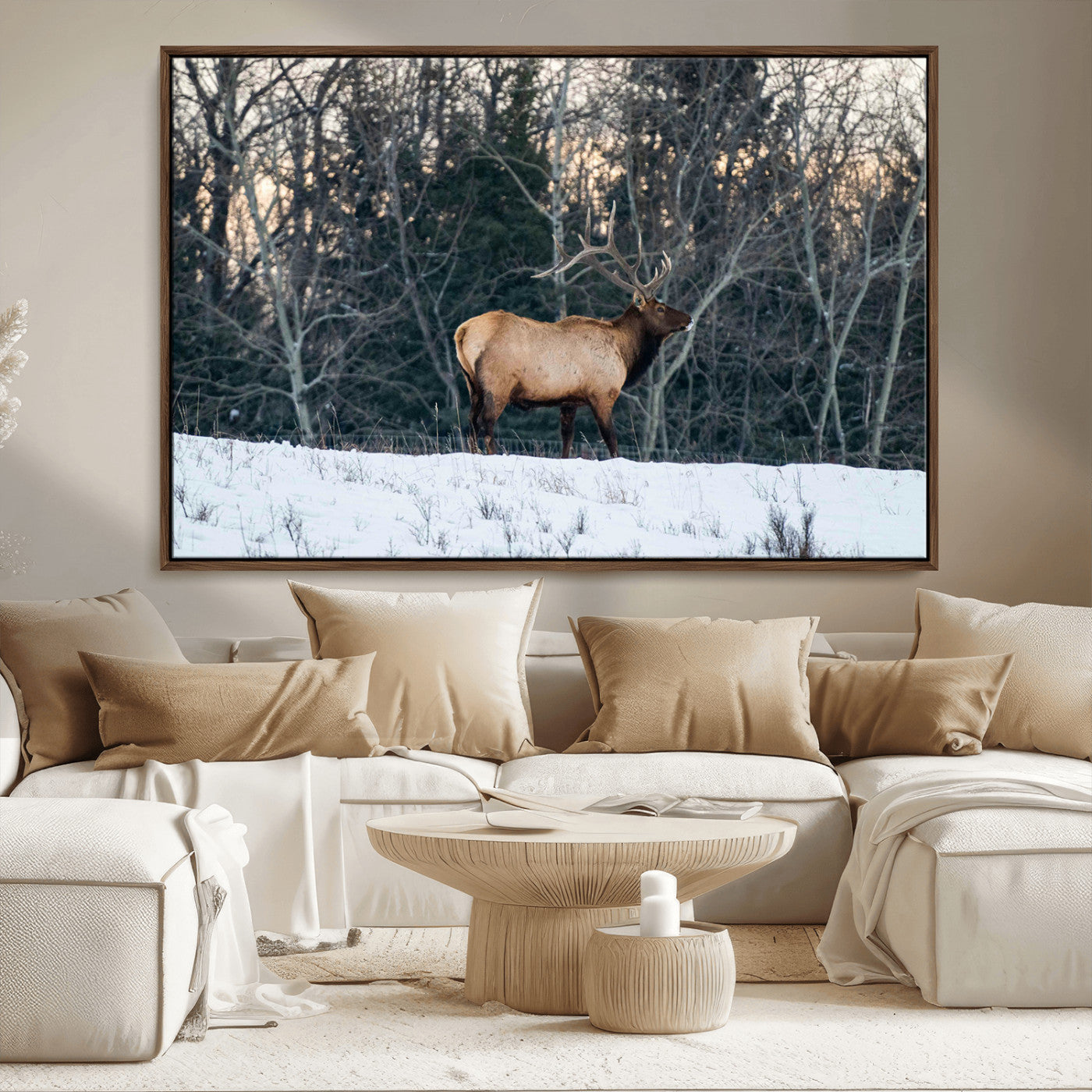 36533178-MGV-FC-36X24_Walnut-Wild Elk Photography Wall Art Canvas Print, Framed Winter Wildlife Art Picture Print, Snowy Forest Perfect Rustic Lodge Decor