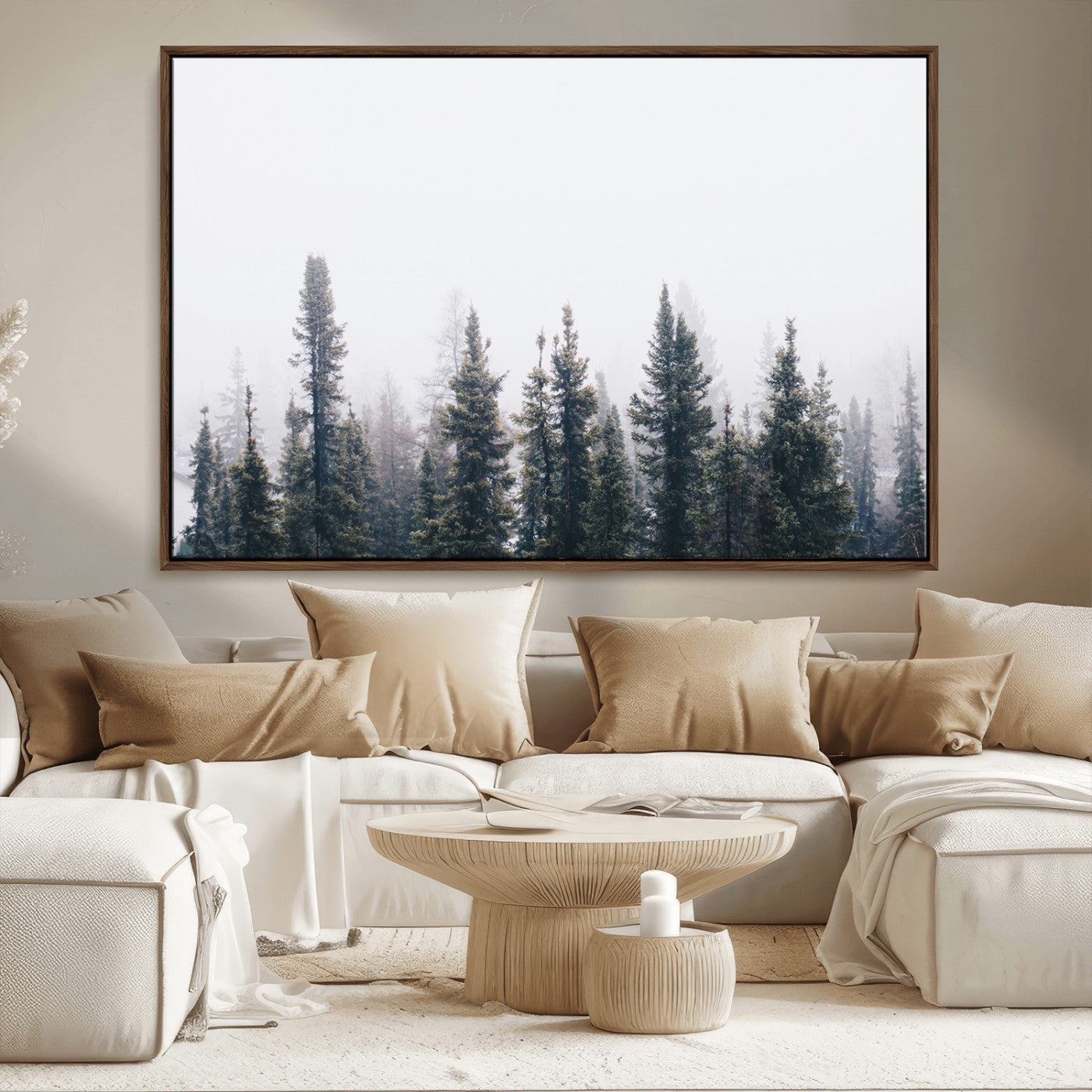 42364796-MGV-FC-36X24_Walnut-Foggy Forest Wall Art Canvas Print, Framed Misty Pines Art Picture Print, Moody Woodland Perfect Scandinavian Minimalist Decor