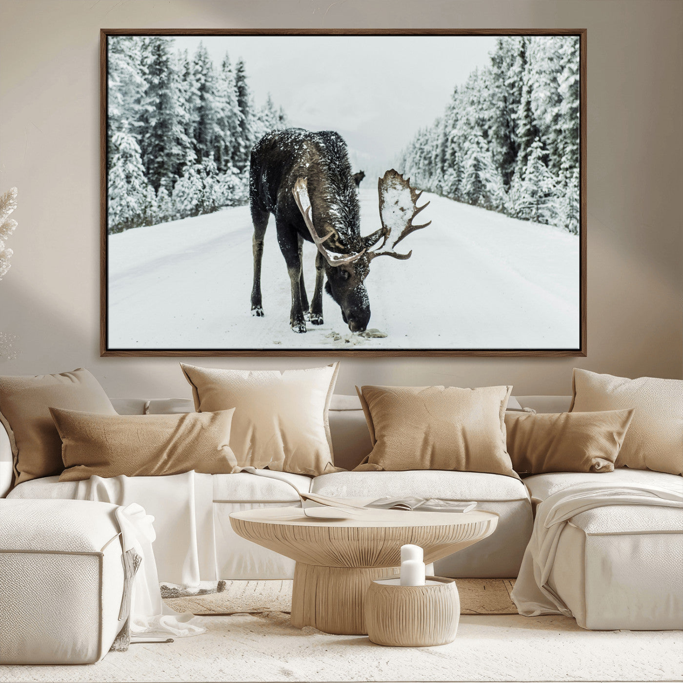 13316292-MGV-FC-36X24_Walnut-Moose in Snow Wall Art Canvas Print, Framed Winter Wildlife Art Picture Print, Snowy Forest Scene Perfect Rustic Lodge Decor