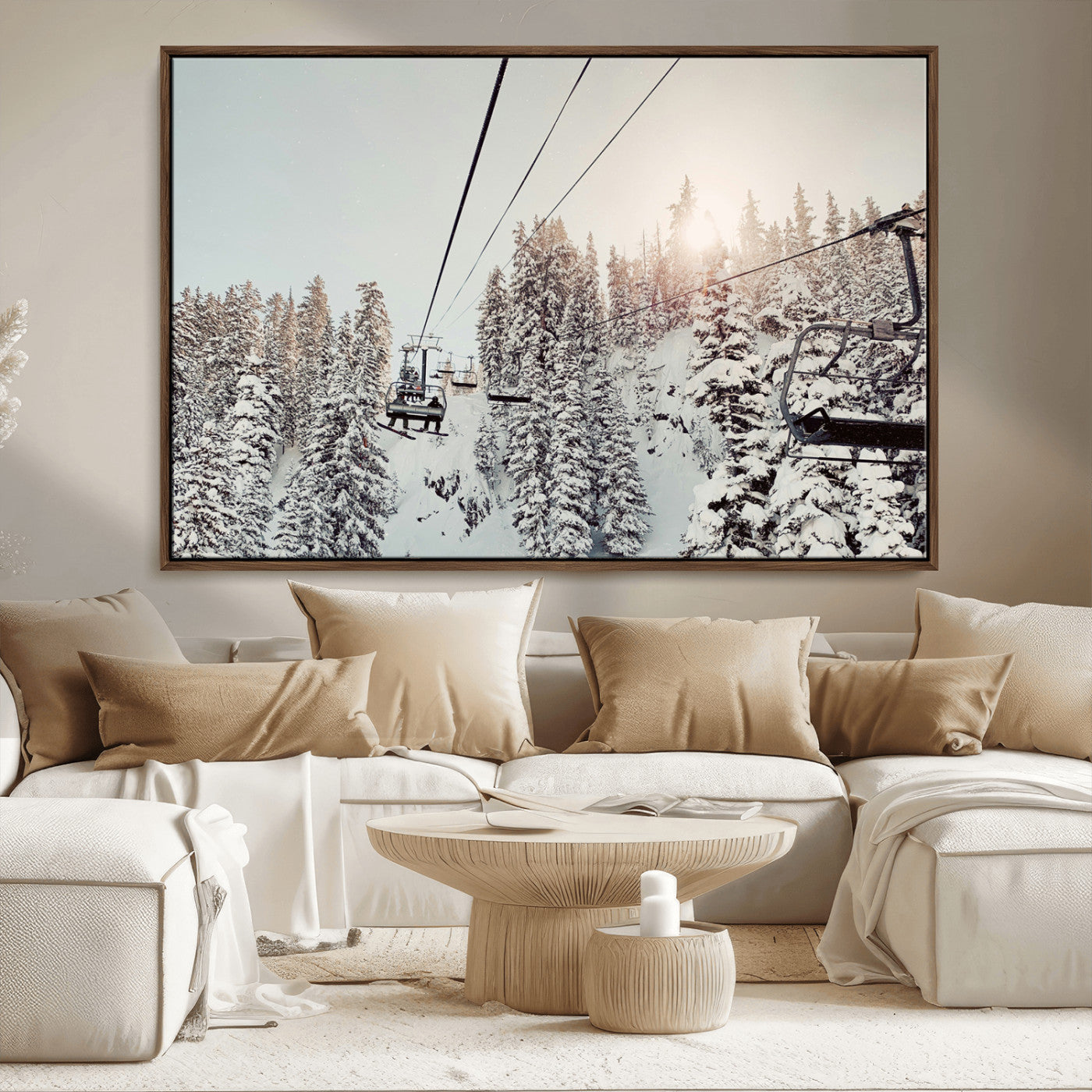 91534512-MGV-CV-36X24-Frosty Pines Wall Art Canvas Print, Framed Cozy Cabin View Art Picture Print, Ski Lift Ride Perfect Rustic Lodge Decor Artwork