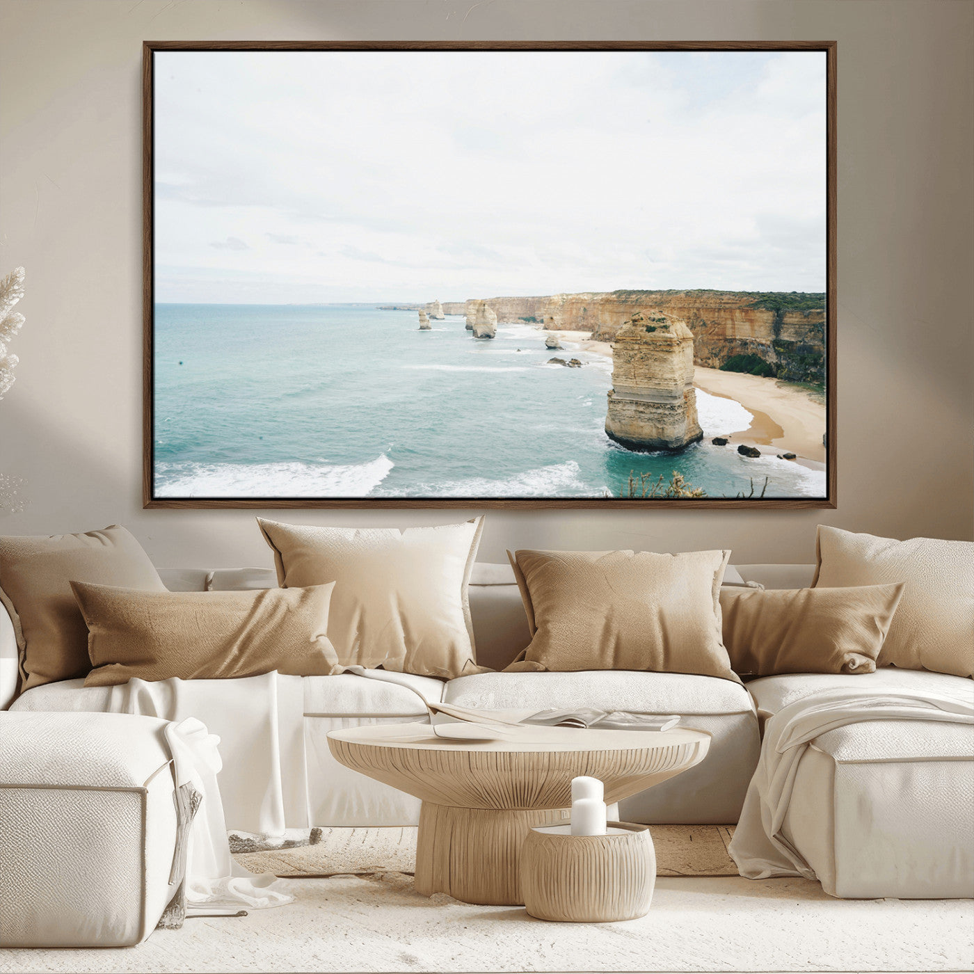 70095633-MGV-FC-36X24_Walnut-Twelve Apostles Wall Art Canvas Print, Framed Coastal Cliffs Art Picture Print, Rugged Rock Formations Perfect Minimalist Coastal