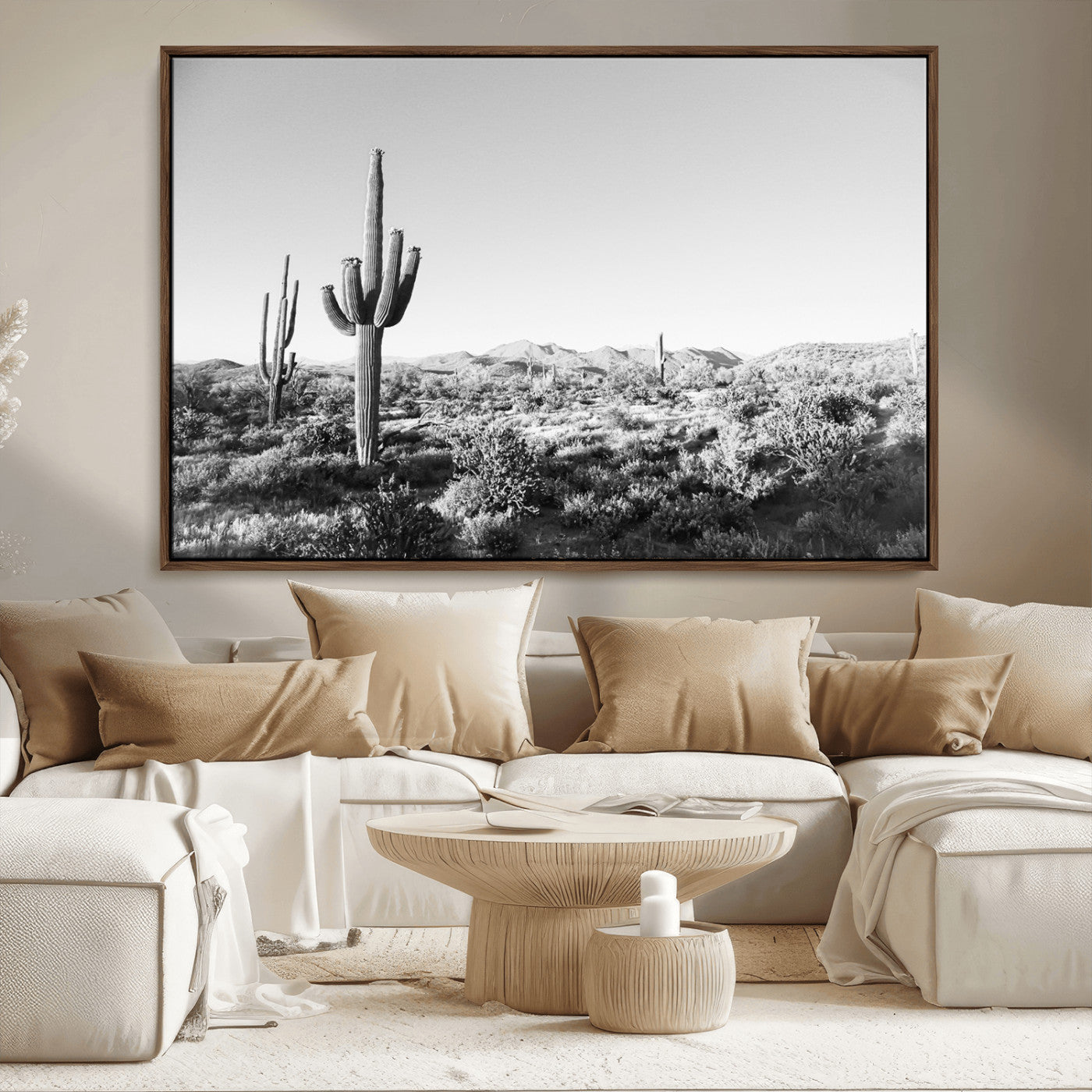 85205054-MGV-FC-36X24_Walnut-Saguaro Cactus Wall Art Canvas Print, Framed Monochrome Landscape Art Picture Print, Scenic Arizona View Perfect Minimalist