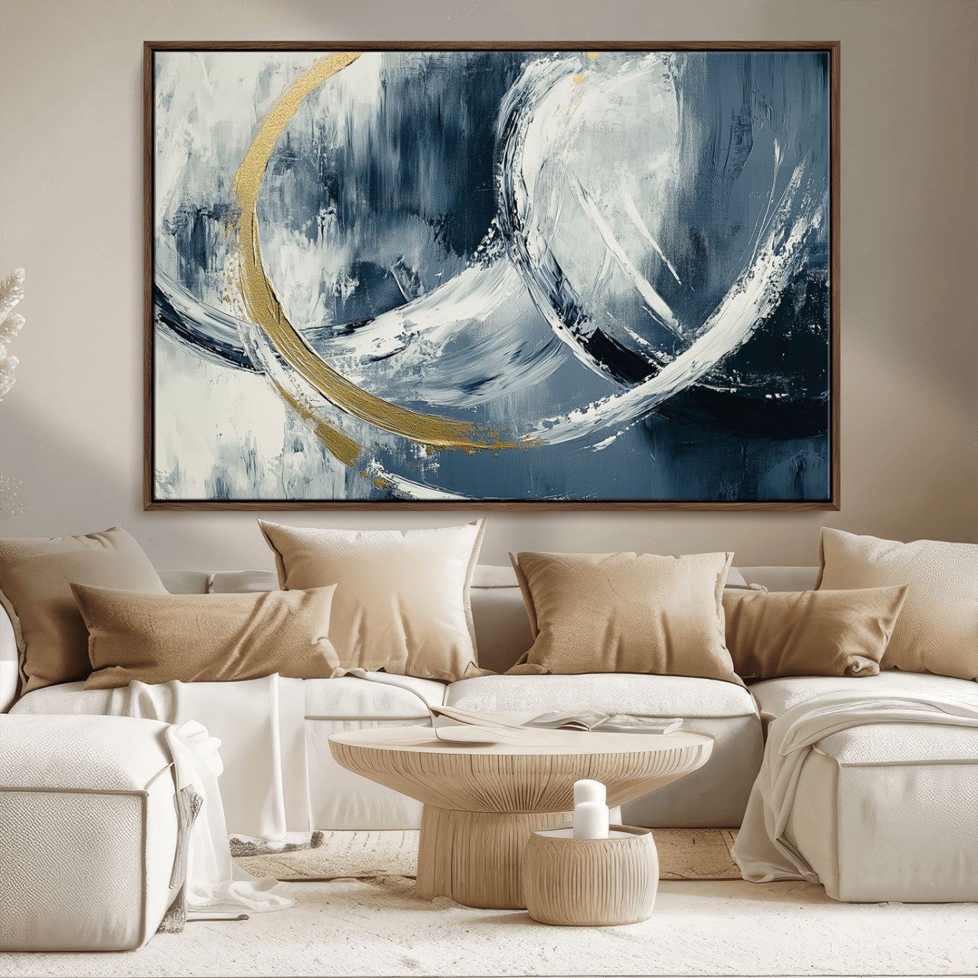97295757-MGV-CV-36X24-Abstract Blue and Gold Wall Art – Modern Luxury Canvas Print, Navy White Brushstroke Painting, Contemporary Living Room Office