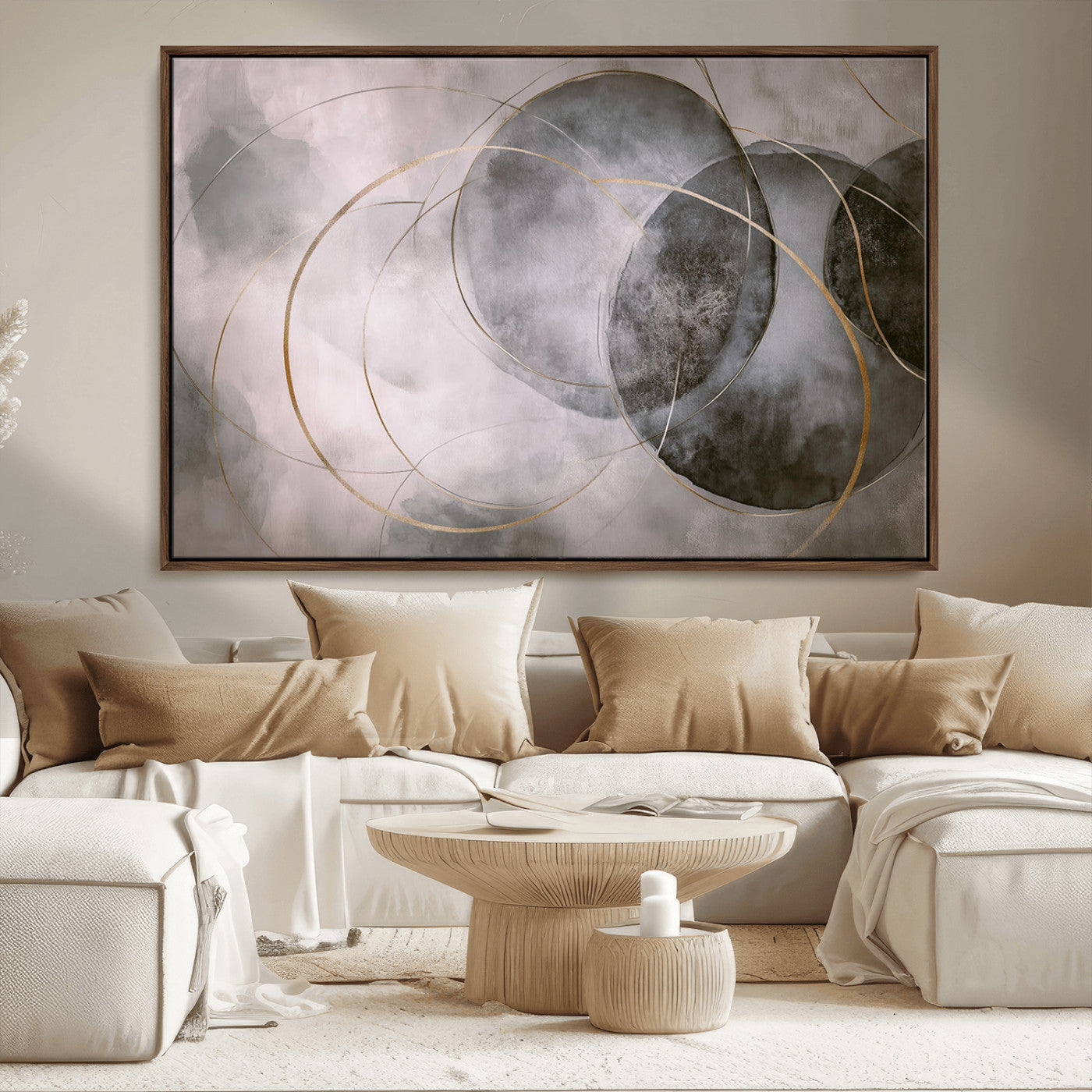 20066876-MGV-CV-36X24-Neutral Abstract Circle Wall Art – Modern Gray Beige Gold Canvas Print, Minimalist Geometric Painting for Bedroom, Living Room,