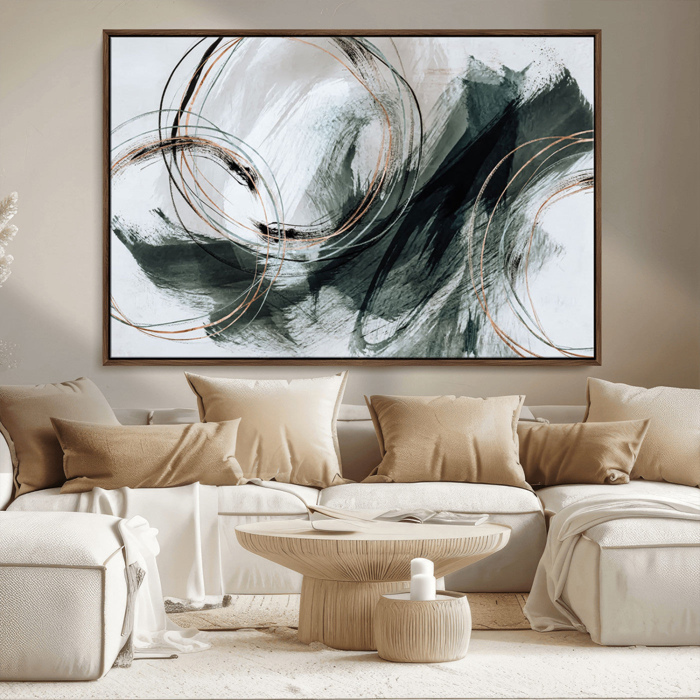 86583265-SEG-FC-90X60_Oversize_Oversize-Black and Gray Abstract Wall Art – Modern Copper Circle Canvas Print, Contemporary Minimalist Painting for Living Room, Bedroom,