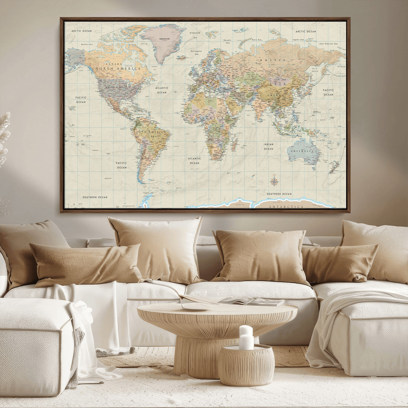 41929777-MGV-CV-36X24-World Map Wall Art – Large Detailed Political Atlas Style Map Print with Countries, Cities, and Oceans, Warm Earth Tone