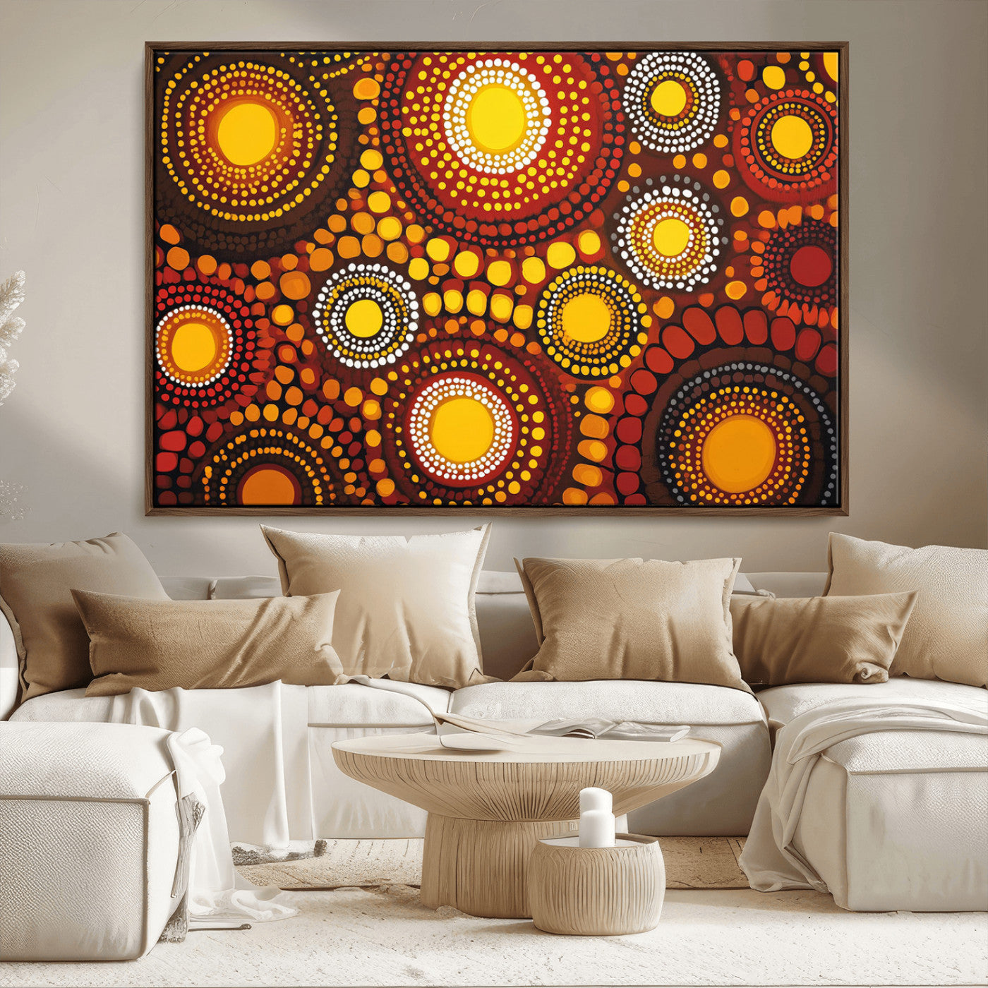 81120549-MGV-FC-36X24_Walnut-Abstract Dot Painting Wall Art – Vibrant Tribal Boho Style Canvas Print with Sunburst Mandala Circles in Warm Red, Yellow, Orange