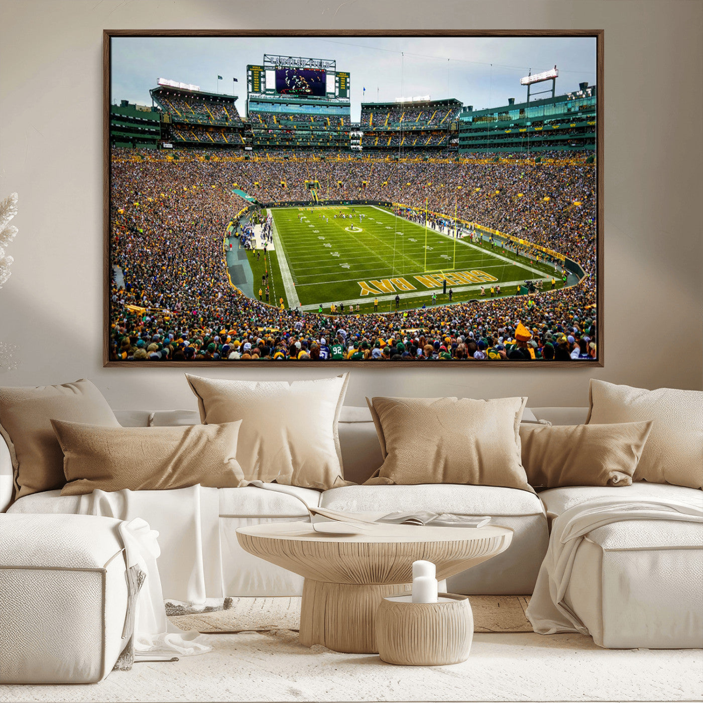 96617112-MGV-FC-36X24_Walnut-Lambeau Field Wall Art – Green Bay Packers NFL Football Stadium Canvas Print – Game Day Crowd Sports Decor for Man Cave, Bar, or