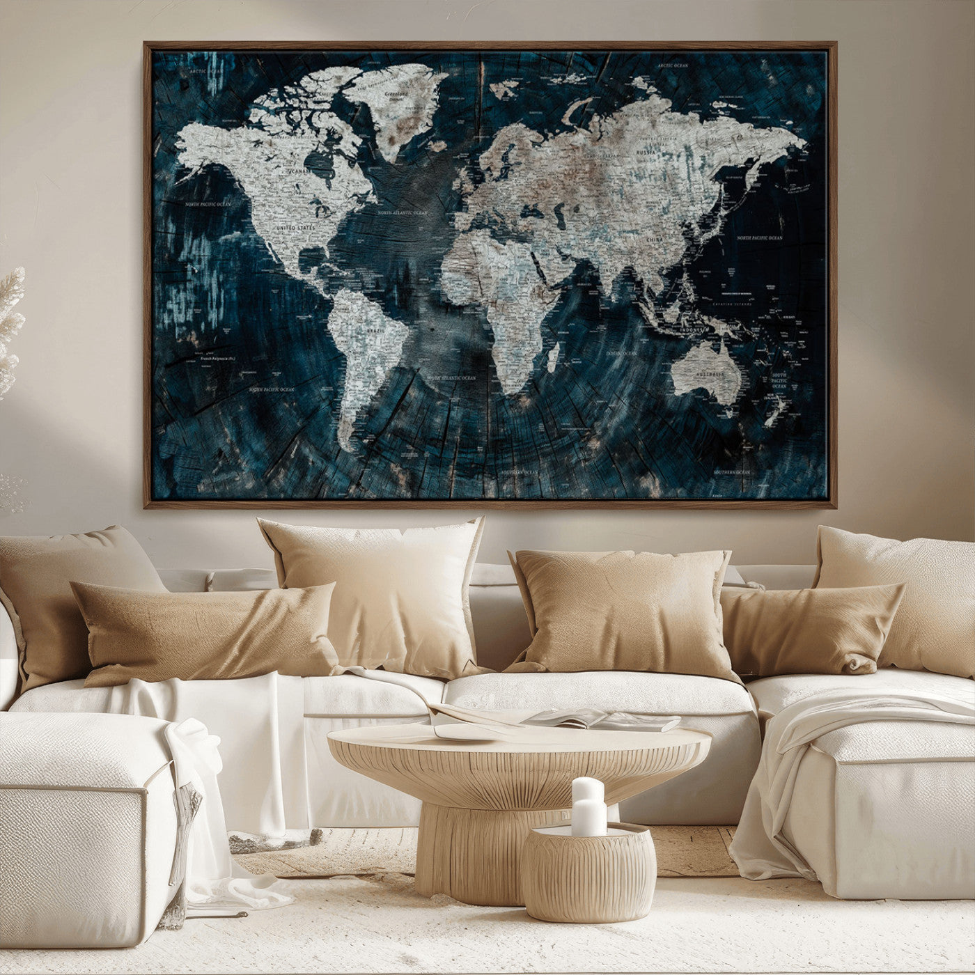34425609-MGV-CV-36X24-World Map Wall Art – Rustic Navy and Grey Atlas Canvas Print, Distressed Explorer Map Artwork, Industrial Style Decor for Office,