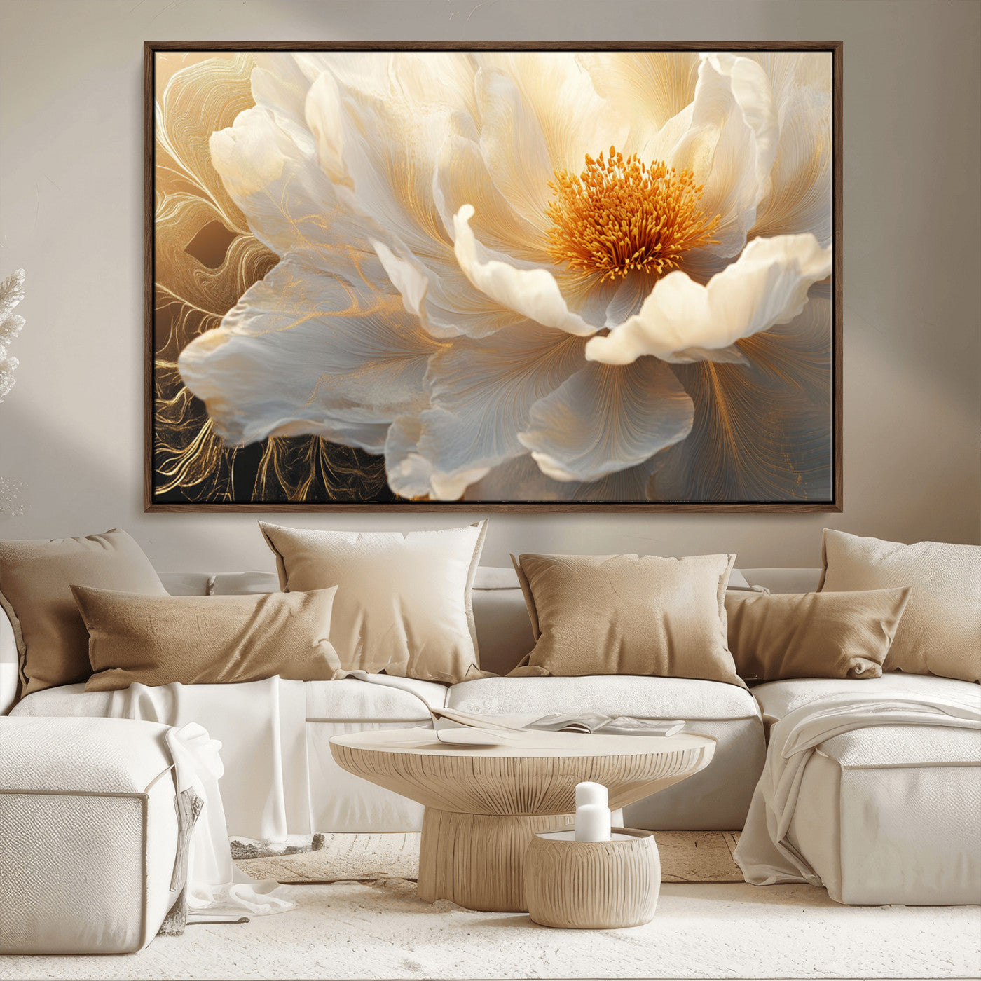 29539087-MGV-FC-36X24_Walnut-Floral Wall Art – Elegant White and Gold Bloom Canvas Print, Romantic Modern Flower Artwork for Bedroom, Living Room, or Office