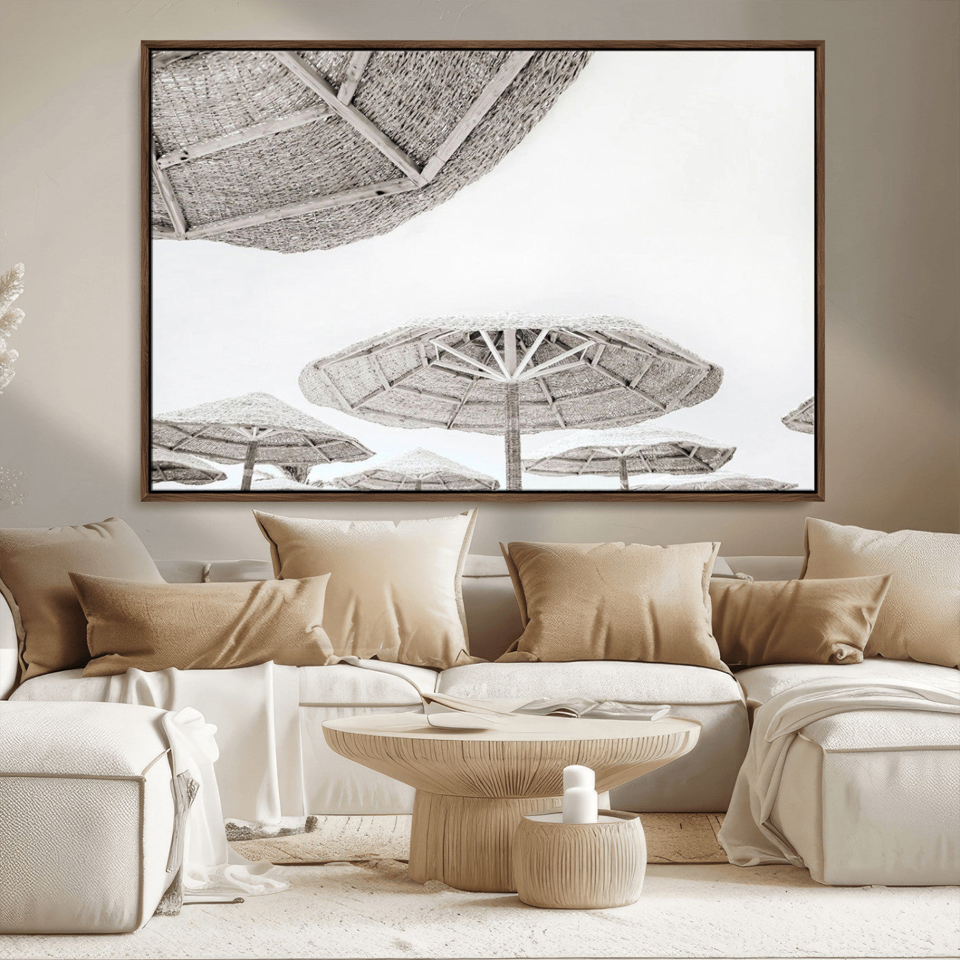 97043123-MGV-FC-36X24_Walnut-Beach Umbrella Wall Art – Minimalist Coastal Canvas Print, Woven Parasol Summer Decor for Bedroom, Living Room, or Modern Beach