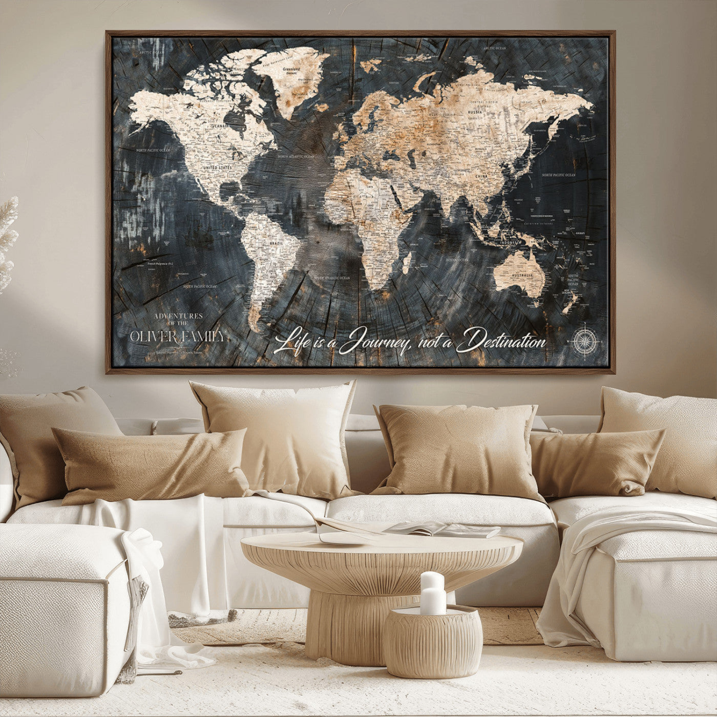 37848568-MGV-FC-36X24_Walnut-Life is a Journey Not a Destination World Map Rustic Wood Texture Vintage Beige Navy Adventure Wall Art Canvas Print for Home