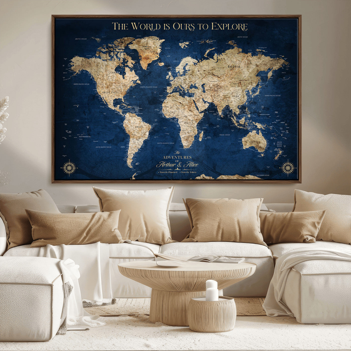 54782997-MGV-FC-36X24_Walnut-The World is Ours to Explore Wall Art – Blue World Map Canvas Print, Adventure Travel Decor for Home, Office or Living Room,