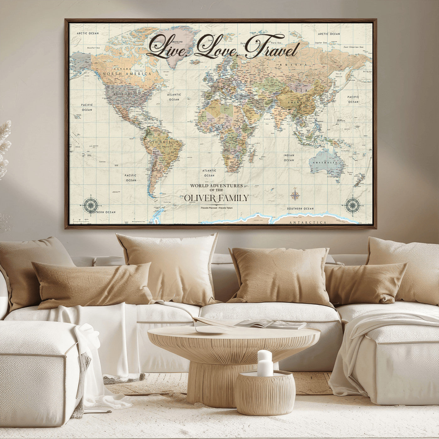 19479008-MGV-FC-36X24_Walnut-Live Love Travel Wall Art – Detailed World Map Canvas Print, Adventure Decor for Living Room, Office or Bedroom, Travel Gift for