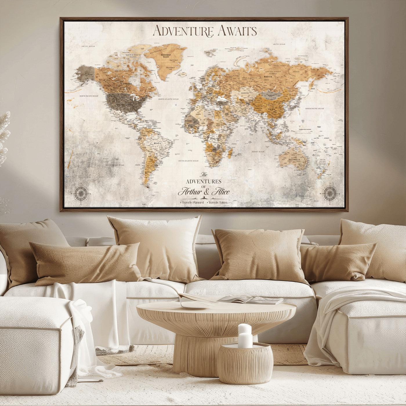 99422096-MGV-CV-36X24-Adventure Awaits World Map Wall Art – Neutral Beige Canvas Print, Modern Travel Inspired Wall Decor for Living Room, Bedroom or