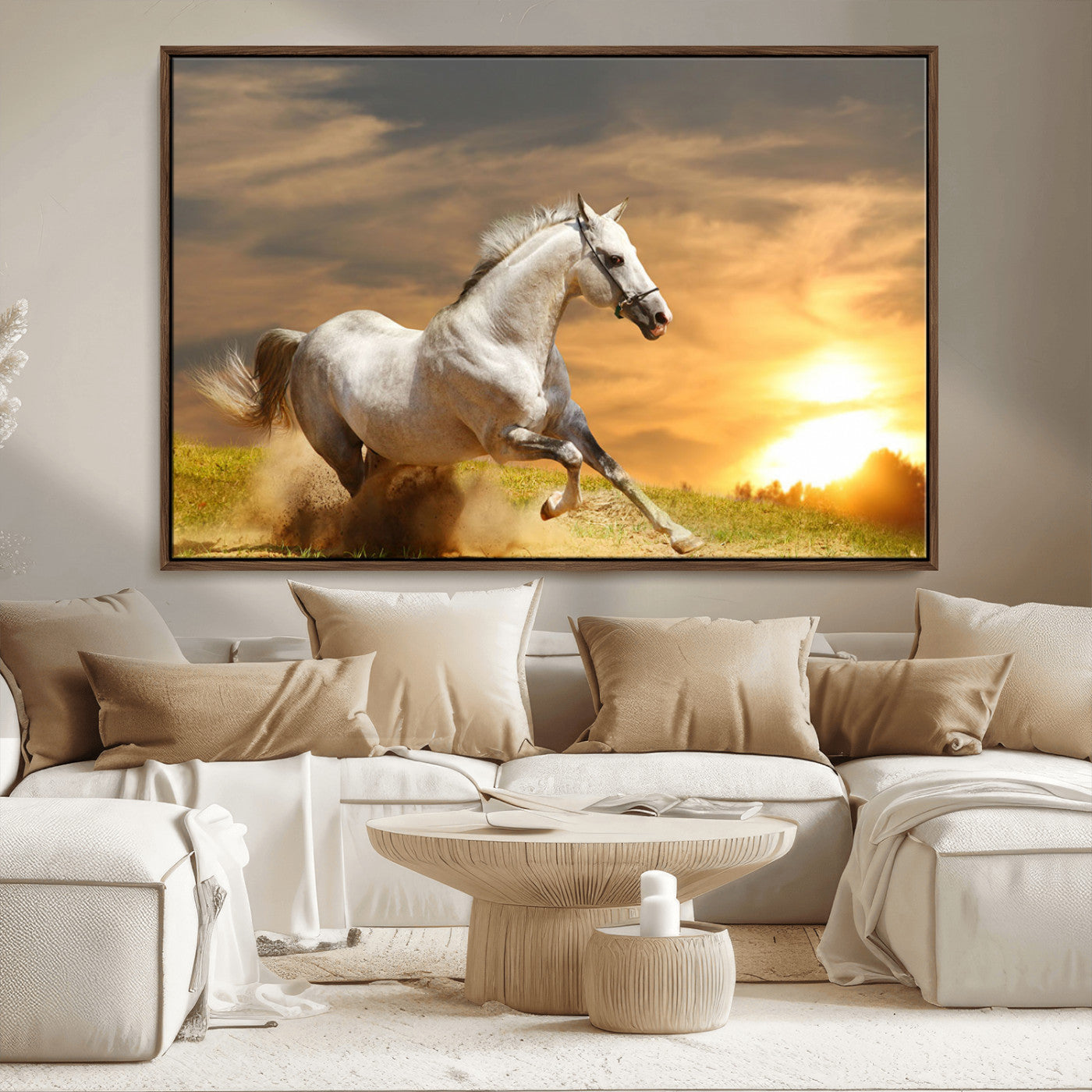 44295212-MGV-CV-36X24-Horse Wall Art – Running White Stallion Canvas Print with Sunset Background, Western Wildlife Decor for Living Room, Office, or