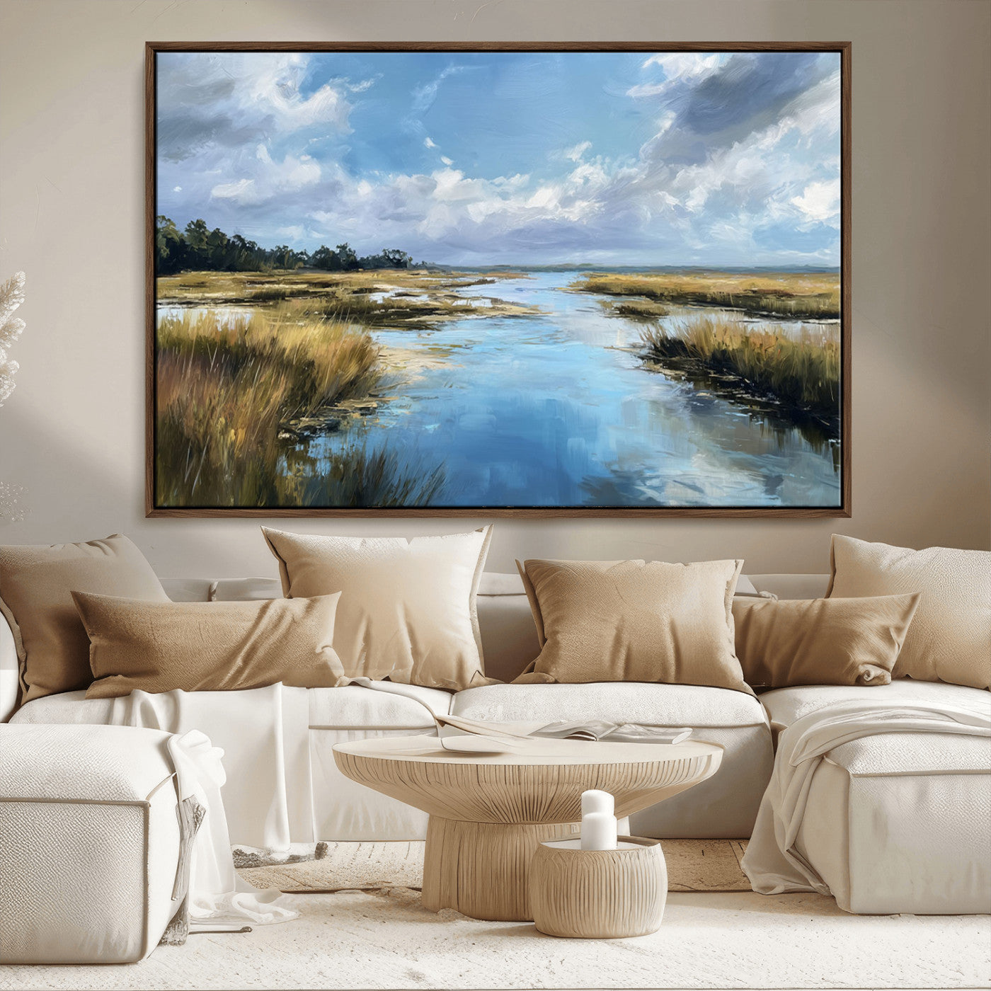 87082041-MGV-CV-36X24-Painted Marshland Canvas Wall Art – Serene Water Reflection, Blue Sky, Golden Grass Landscape, Calm Nature Decor for Home, Office,