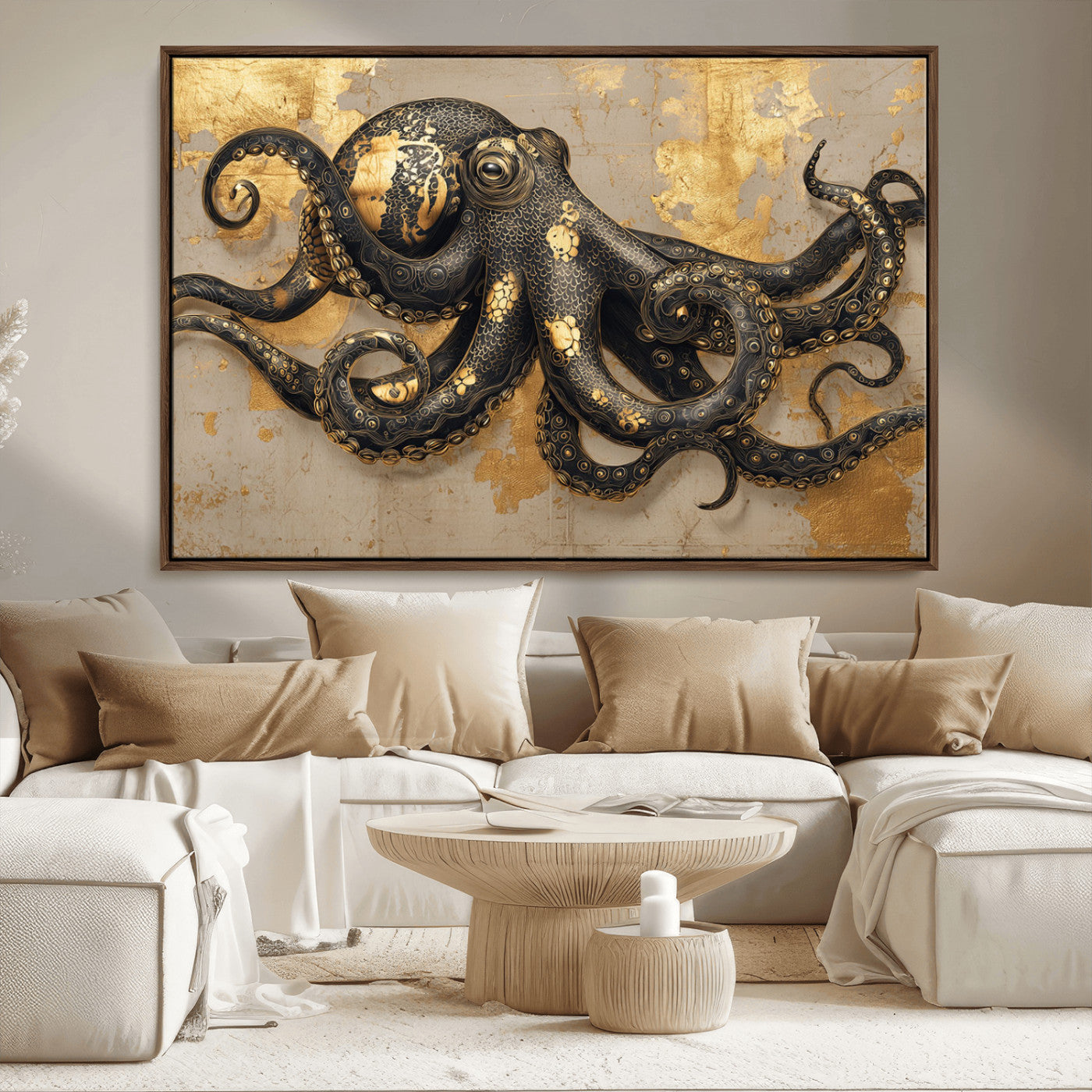 57944271-MGV-CV-36X24-Octopus Wall Art – Black and Gold Nautical Canvas Print, Modern Ocean Inspired Artwork with Elegant Detailing, Coastal Marine