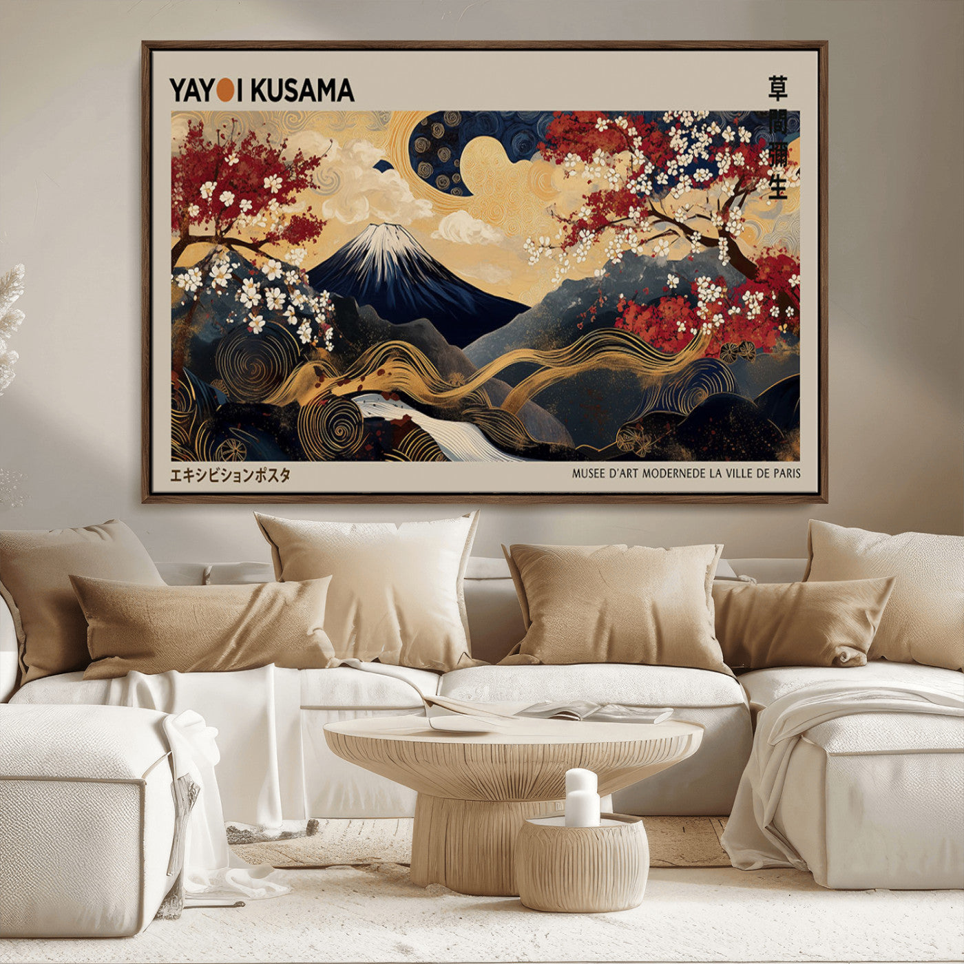 66892669-MGV-CV-36X24-Japanese Landscape Wall Art – Mount Fuji Canvas Print with Cherry Blossoms and Golden Waves, Traditional Asian Inspired Artwork