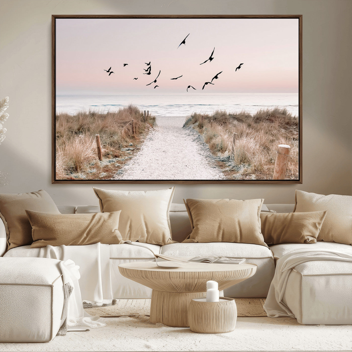34632598-MGV-CV-36X24-Beach Pathway Wall Art – Coastal Canvas Print with Sandy Trail, Flying Birds and Pastel Sky, Serene Ocean Landscape Photography