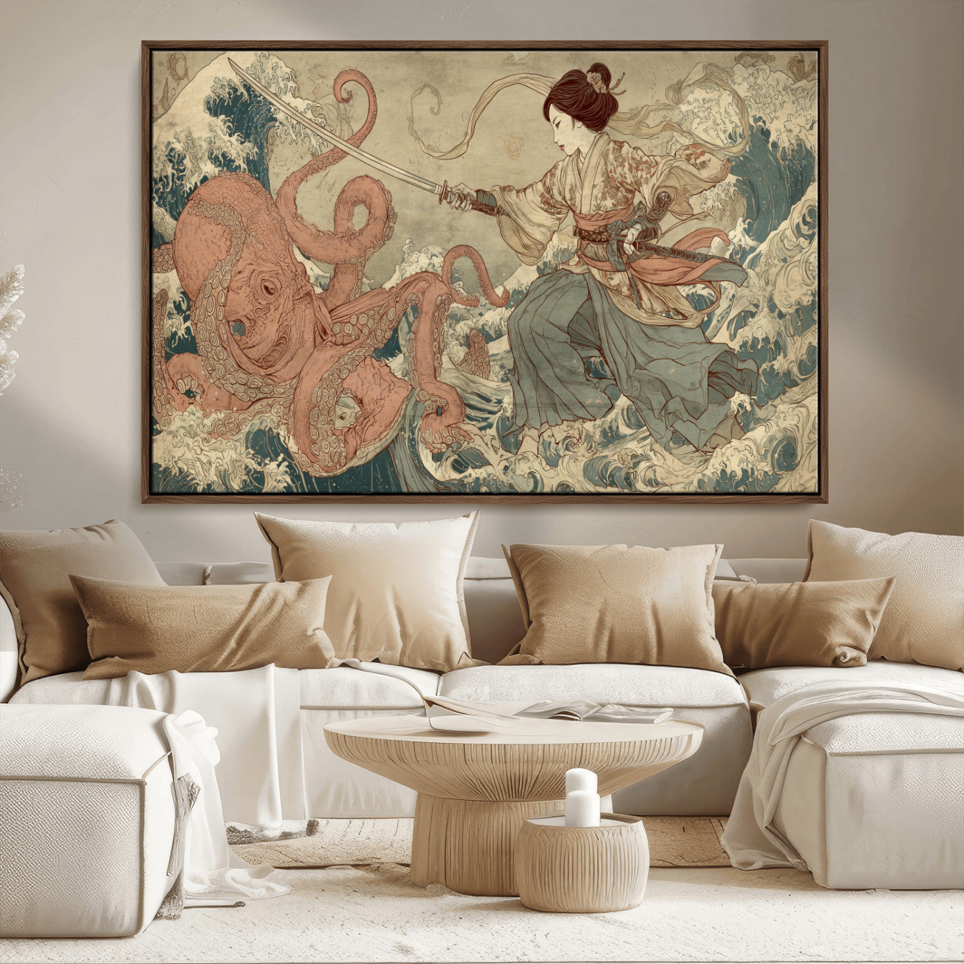 54879547-MGV-CV-36X24-Tsukioka Yoshitoshi Samurai Wall Art Print, Japanese Katana Warrior Canvas Wall Art, Octopus Sea Monster Canvas Print,