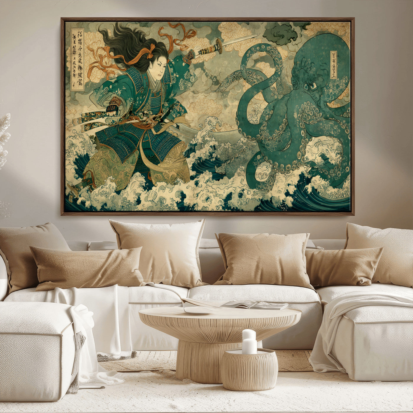 24416422-MGV-CV-36X24-Samurai vs Octopus Wall Art – Japanese Warrior Ocean Battle Canvas Print, Ukiyo e Inspired Decor for Home, Office, or Man Cave