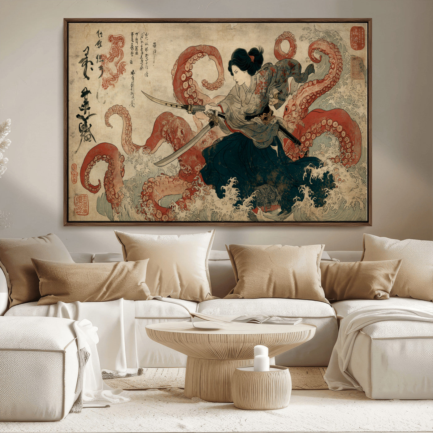 50812504-MGV-CV-36X24-Tsukioka Yoshitoshi Samurai Wall Art Print, Japanese Katana Warrior Canvas Wall Art, Octopus Sea Monster Canvas Print,