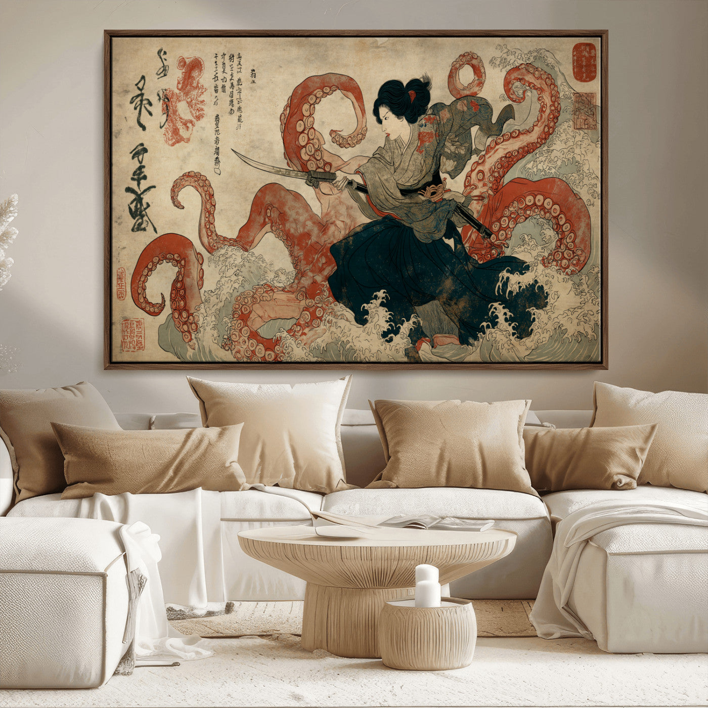 82737246-MGV-FC-36X24_Walnut-Samurai Woman vs Octopus Wall Art – Japanese Ukiyo-e Dual Sword Canvas Print, Red Tentacle Ocean Battle Artwork for Living Room,