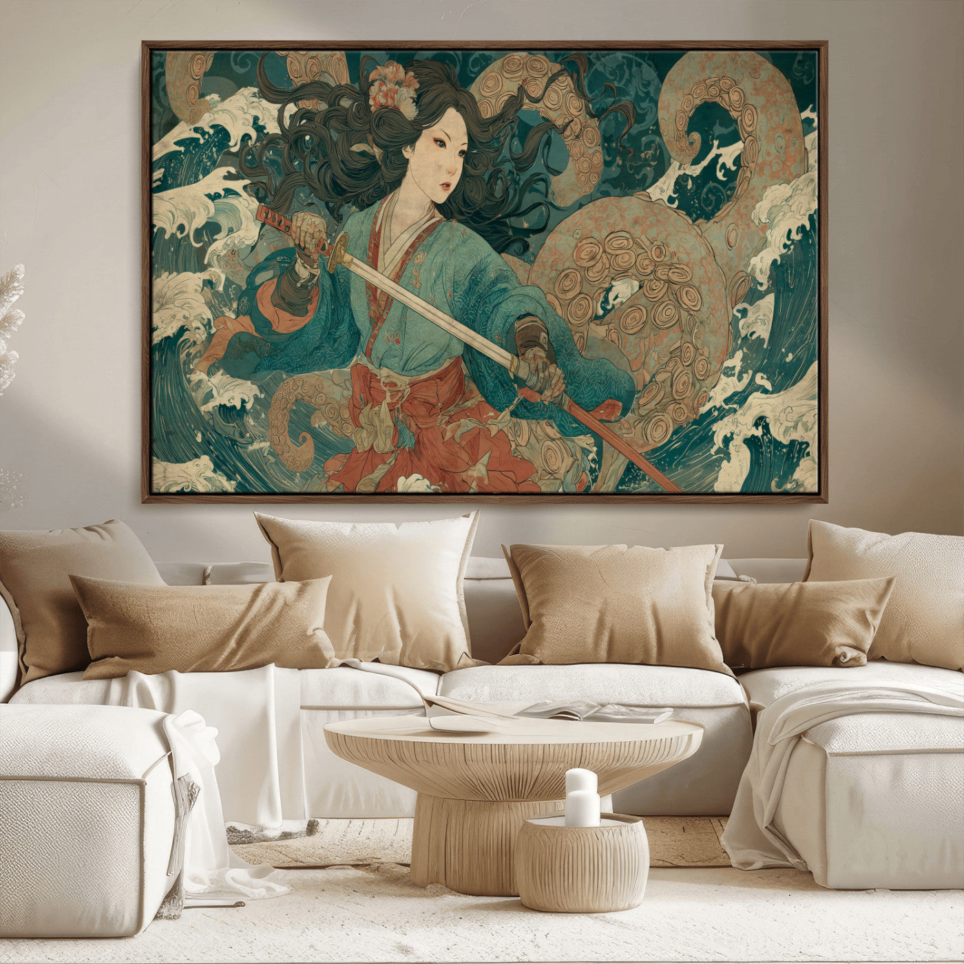 79740258-MGV-CV-36X24-Tsukioka Yoshitoshi Samurai Wall Art Print, Japanese Katana Warrior Canvas Wall Art, Octopus Sea Monster Canvas Print,