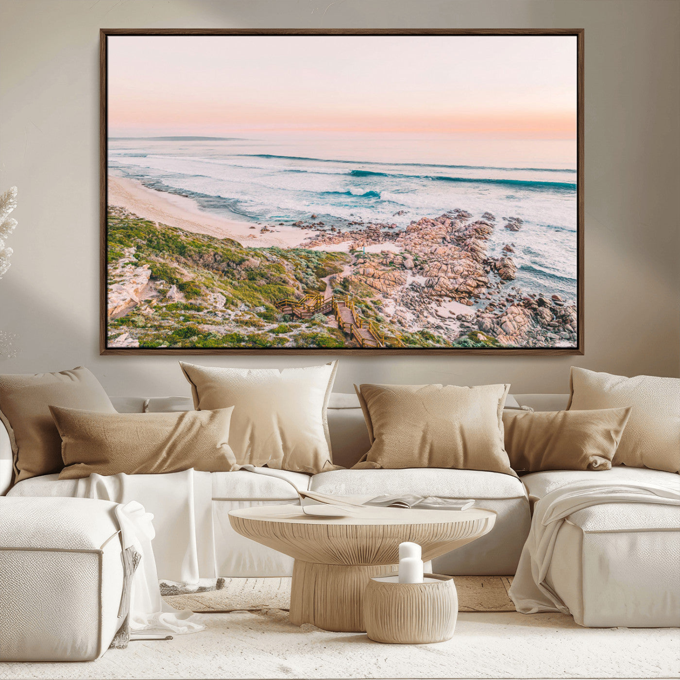 27332135-MGV-FC-36X24_Walnut-Coastal Sunset Wall Art – Ocean Waves and Rocky Shore Canvas Print, Scenic Seaside Photography Decor for Bedroom, Living Room,