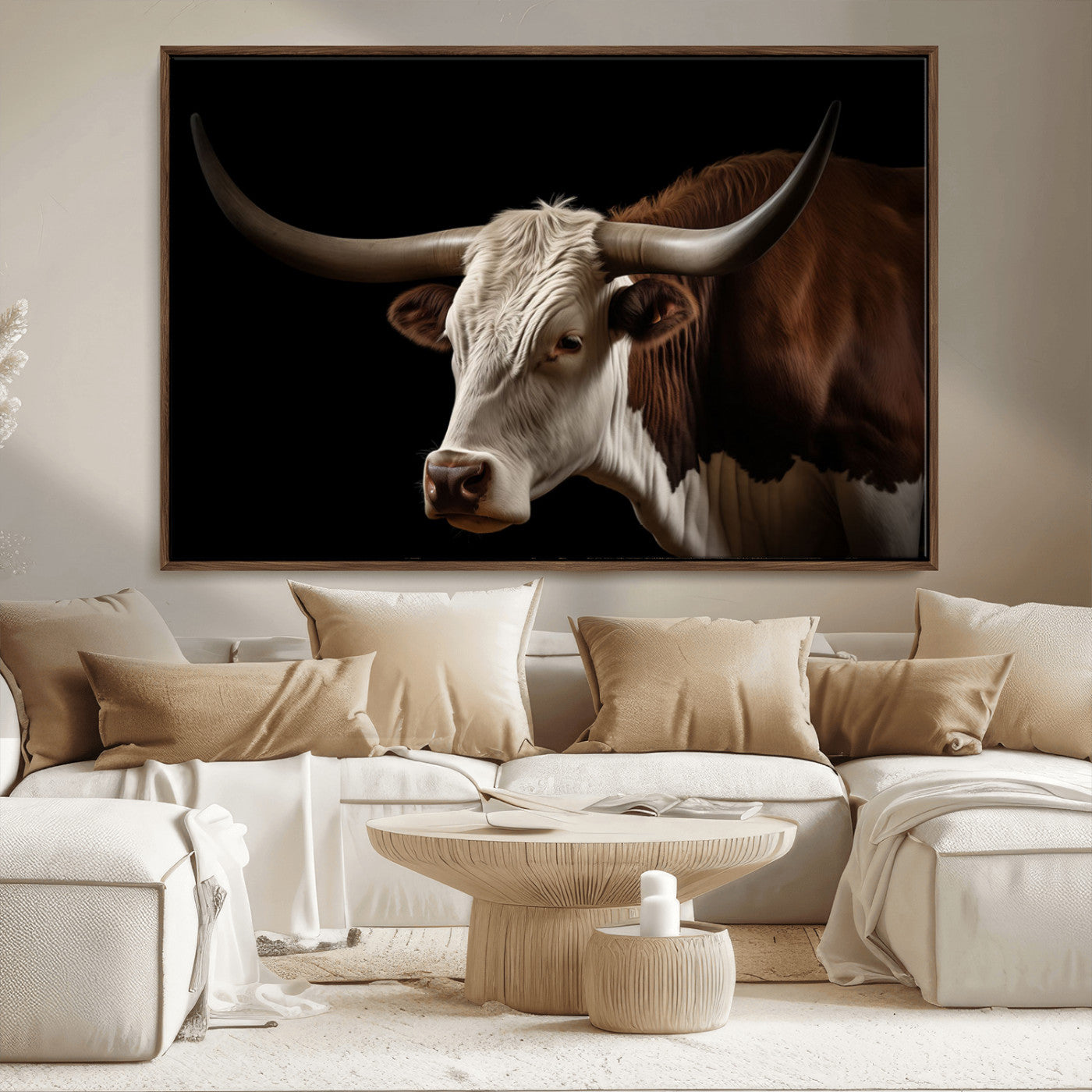 27414857-MGV-CV-36X24-Longhorn Bull Wall Art – Dramatic Western Steer Portrait Canvas Print, Rustic Farmhouse Animal Decor for Living Room, Office, or