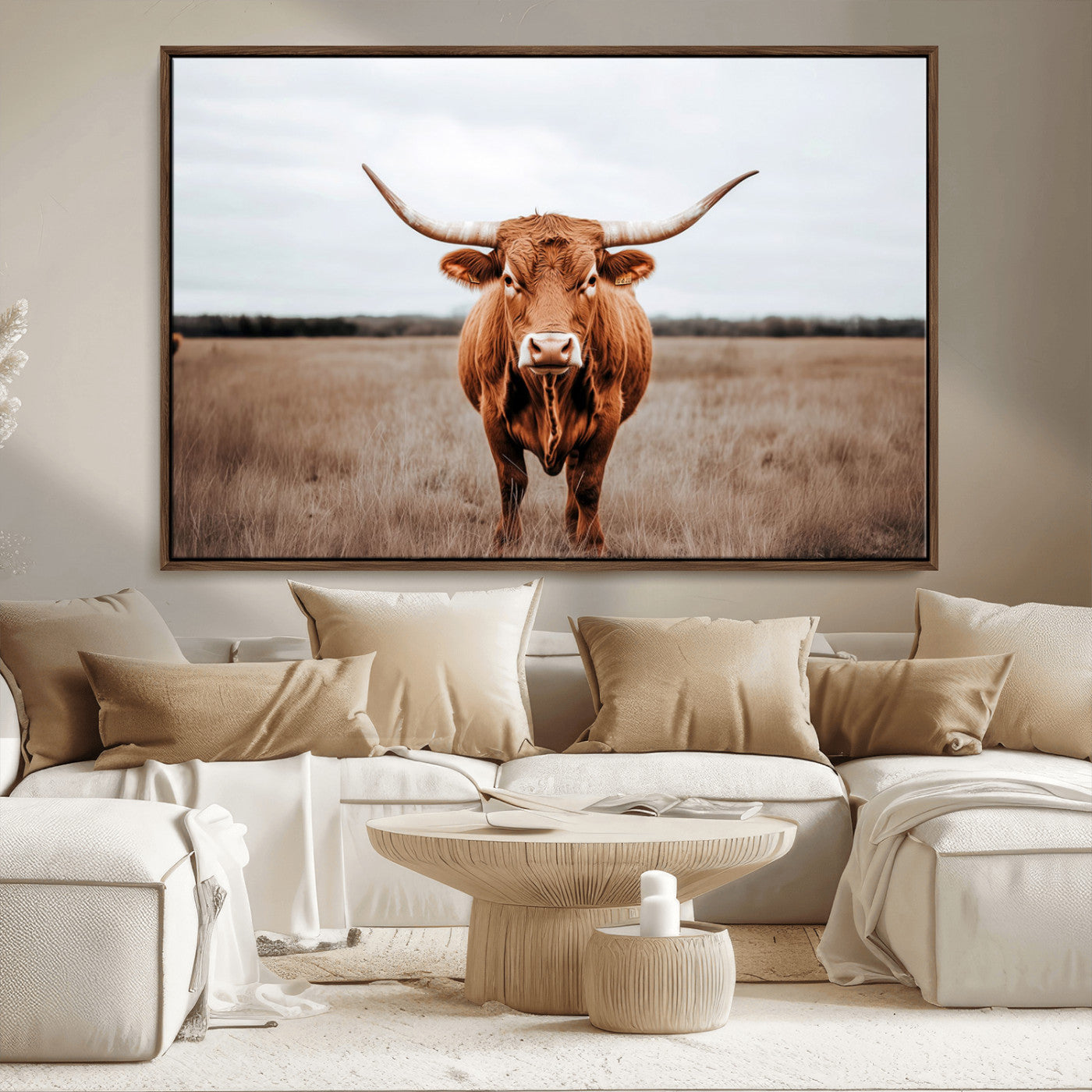 16316734-MGV-FC-36X24_Walnut-Texas Longhorn Wall Art – Rustic Bull Portrait Canvas Print, Western Farmhouse Animal Photography Decor for Living Room, Office,