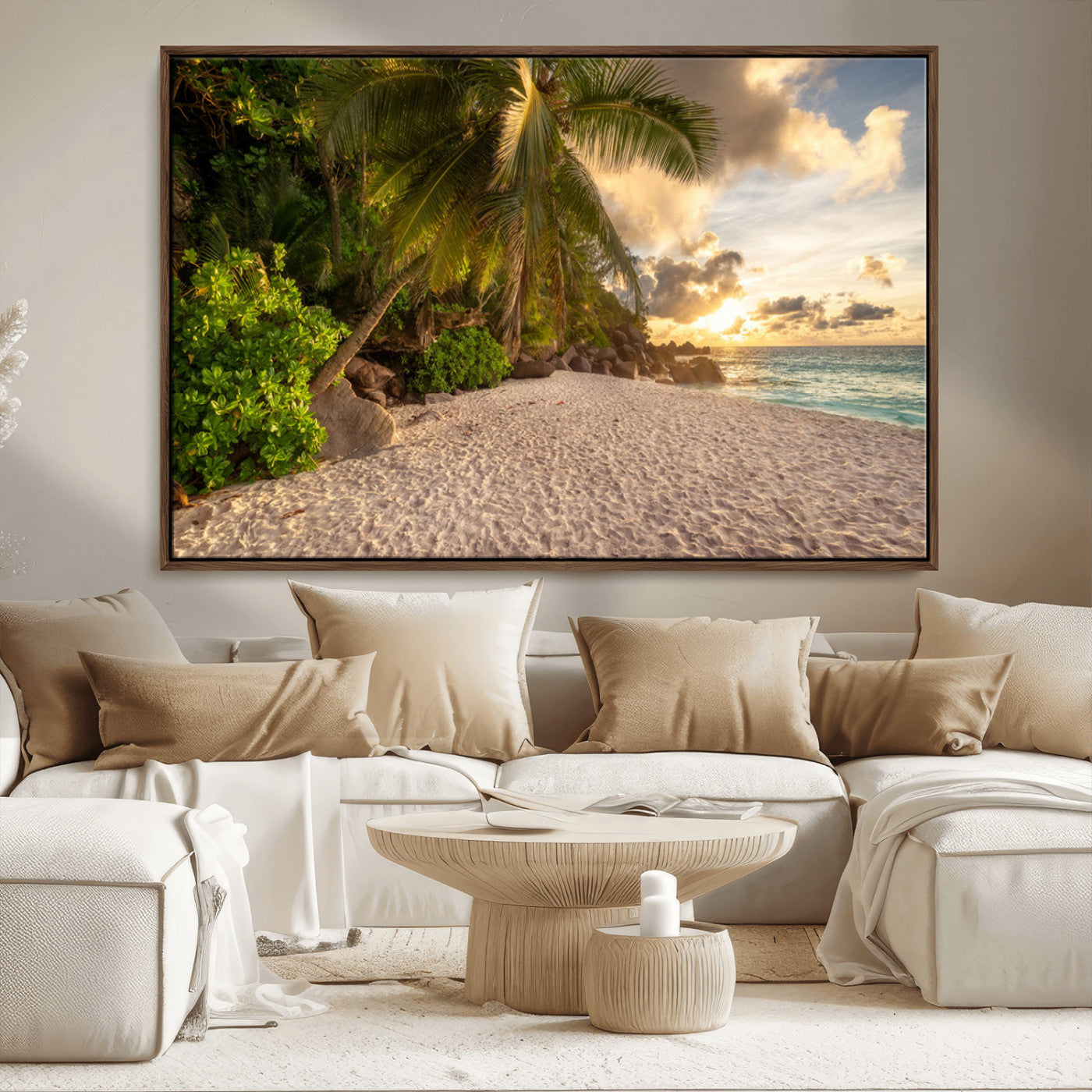 89531159-MGV-CV-36X24-Tropical Beach Sunset Canvas Wall Art – Palm Trees Golden Sand Ocean Waves Coastal Paradise Print for Beach House Bedroom Bathroom