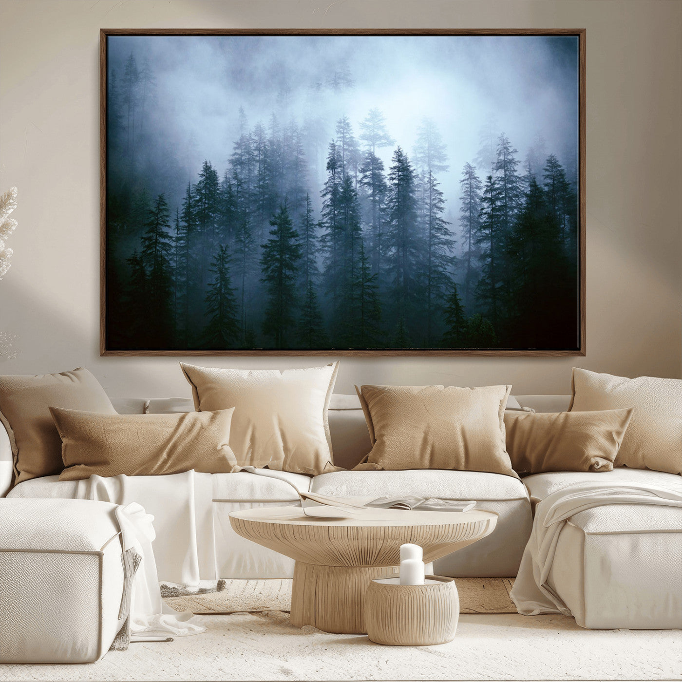 93439624-MGV-FC-36X24_Walnut-Forest Wall Art – Misty Pine Trees Canvas Print, Moody Nature Photography Decor for Bedroom, Living Room, Office, Cabin, Lodge or
