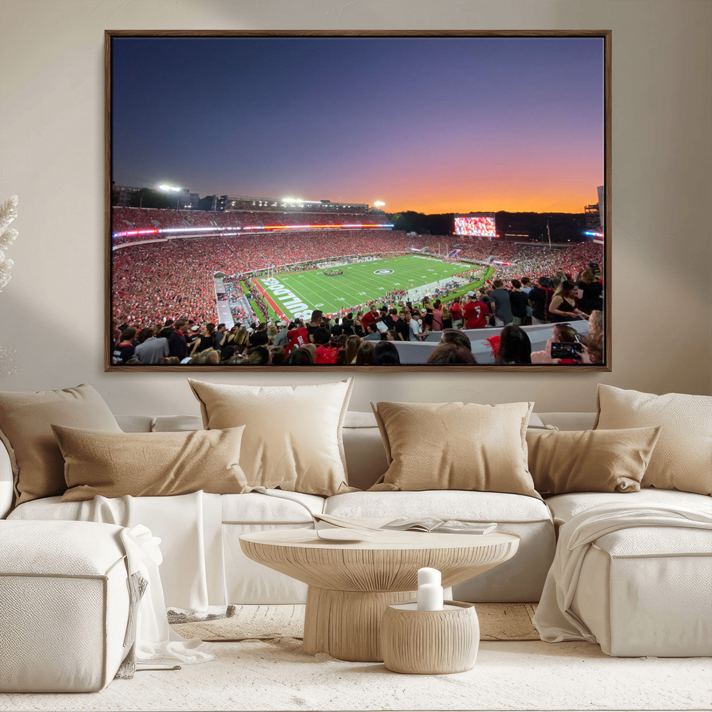 25139565-MGV-FC-36X24_Walnut-Sanford Stadium Wall Art – Georgia Bulldogs Football Sunset Panorama Canvas Print, College Game Day Decor for Man Cave, Bar, or