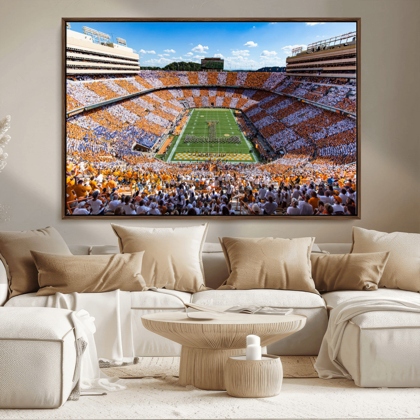 64238859-MGV-CV-36X24-Neyland Stadium Wall Art – Panoramic Tennessee Volunteers Power T Checkerboard Crowd Canvas Print, Day Game Football Band Sports