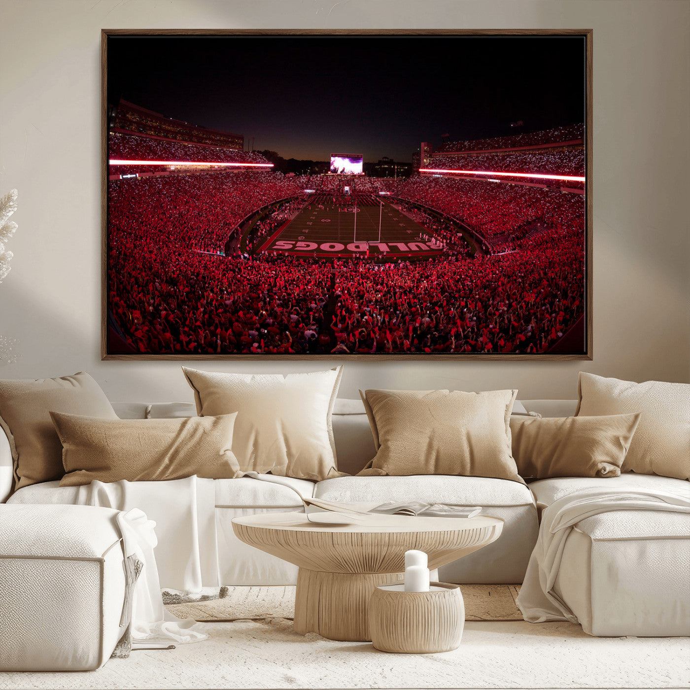 38331045-MGV-FC-36X24_Walnut-Sanford Stadium Wall Art – Panoramic Georgia Bulldogs Red Light Game Football Canvas Print, Night Crowd Sports Decor for Office,