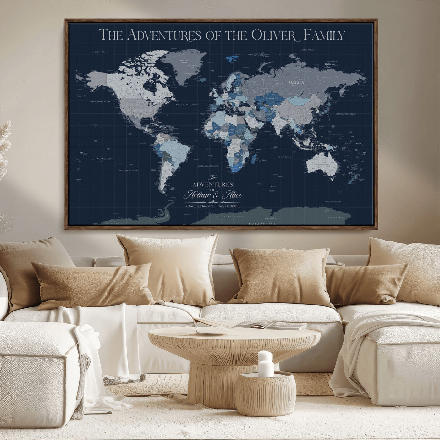 76726424-MGV-CV-36X24-Personalized World Map Wall Art – Navy Blue & Grey Adventure Travel Map with Custom Family or Couple Names, Modern Wall Decor for