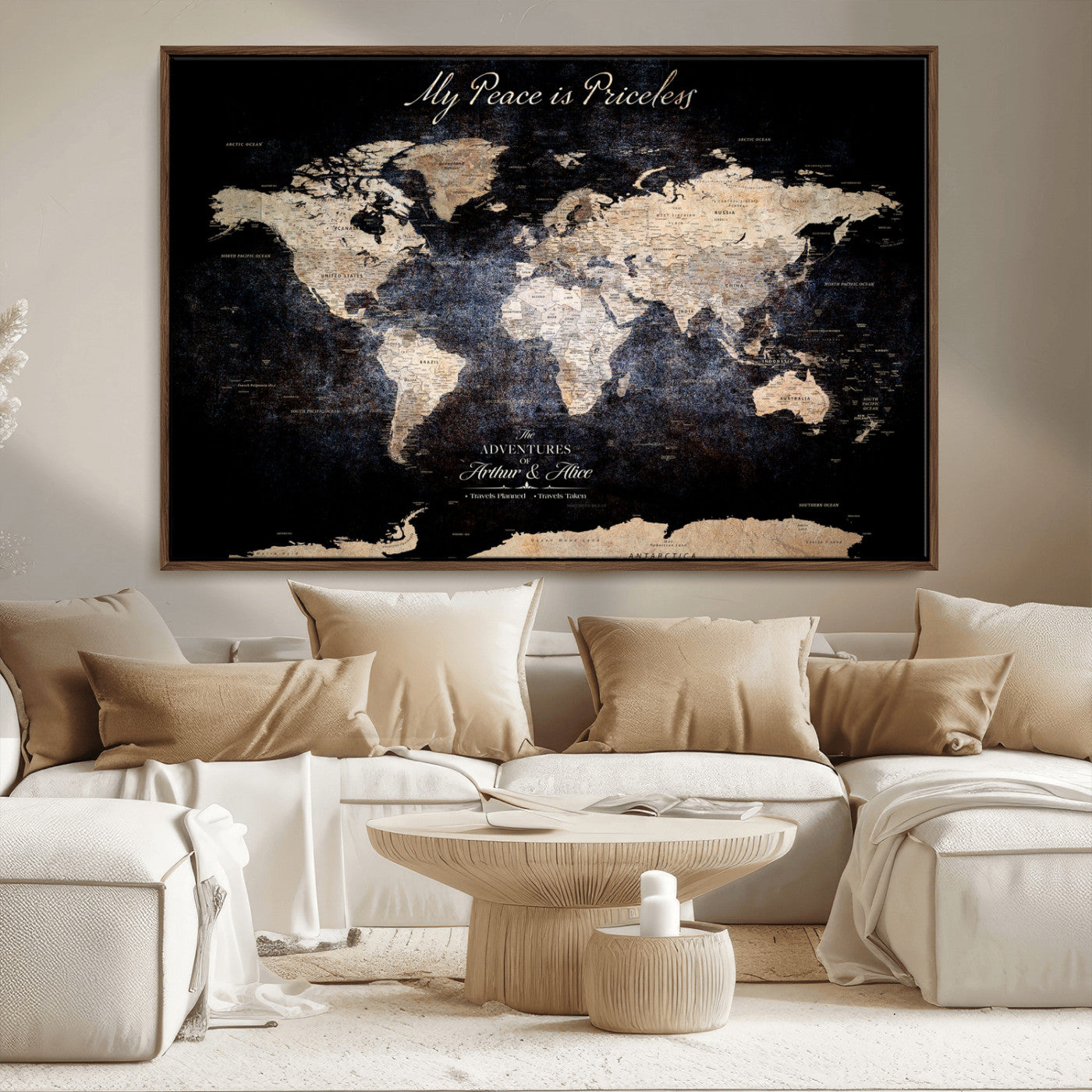 51488142-MGV-CV-36X24-Personalized World Map Wall Art – Dark Rustic Adventure Travel Map with Custom Names, Vintage Wall Decor for Couples, Families or