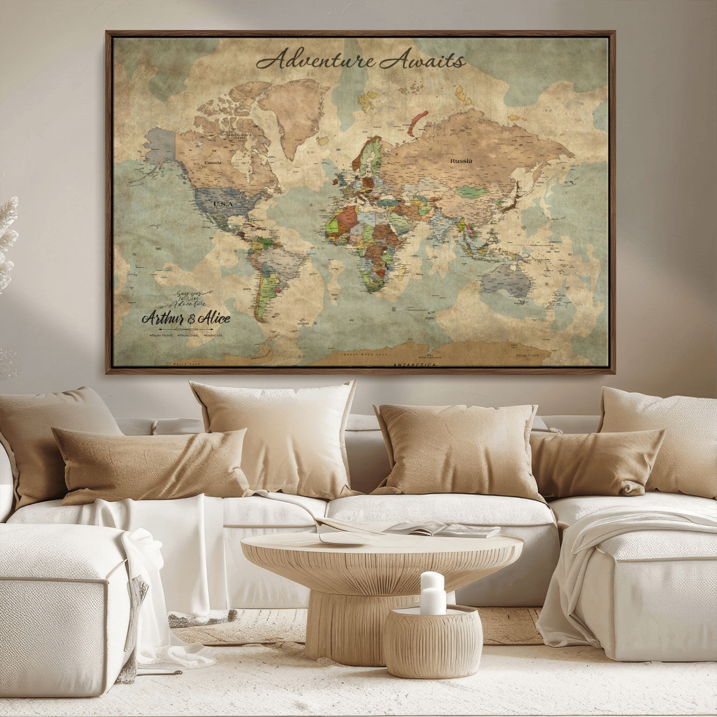 62500285-MGV-FC-36X24_Walnut-Personalized World Map Wall Art – Rustic Watercolor Adventure Awaits Travel Map with Custom Couple Names, Vintage Wall Decor for