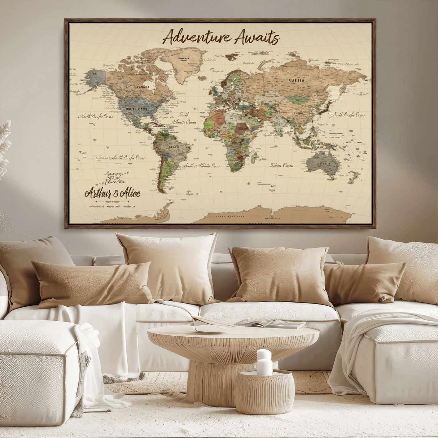 53442996-MGV-CV-36X24-Personalized World Map Wall Art – Adventure Awaits Vintage Travel Map with Custom Couple Names, Rustic Wall Decor for Home,