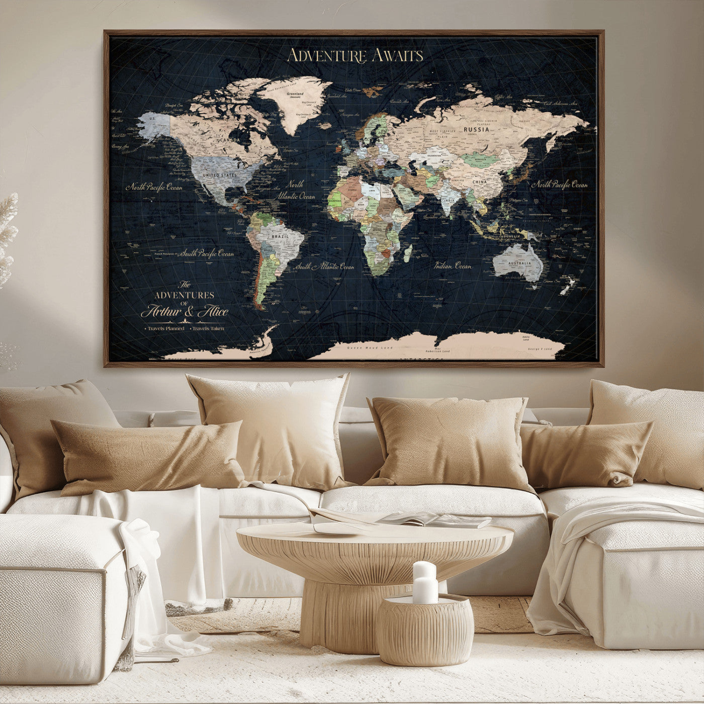 15547583-MGV-FC-36X24_Walnut-Personalized World Map Wall Art – Rustic Navy Adventure Awaits Travel Map with Custom Couple Names, Vintage Wall Decor for Home or