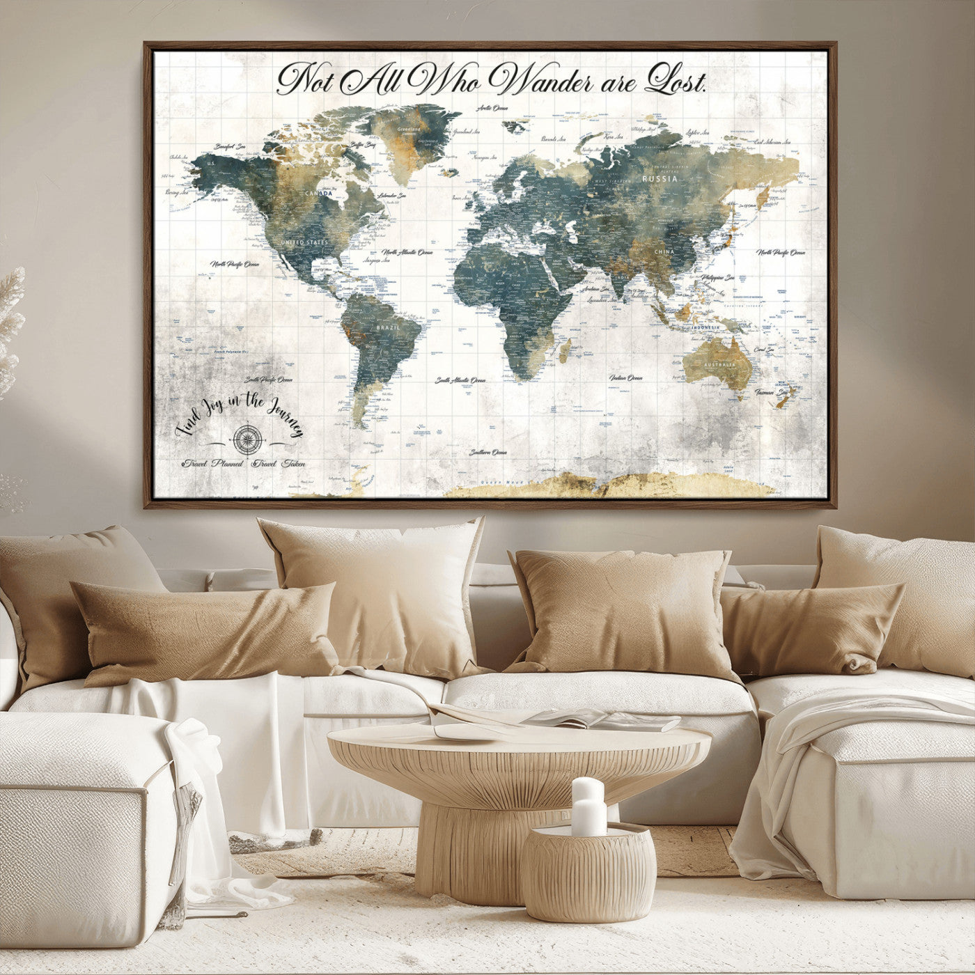 16233493-MGV-CV-36X24-Personalized World Map Wall Art – Rustic Blue Green Wanderlust Travel Map with Custom Couple Names, Vintage Wall Decor for Home