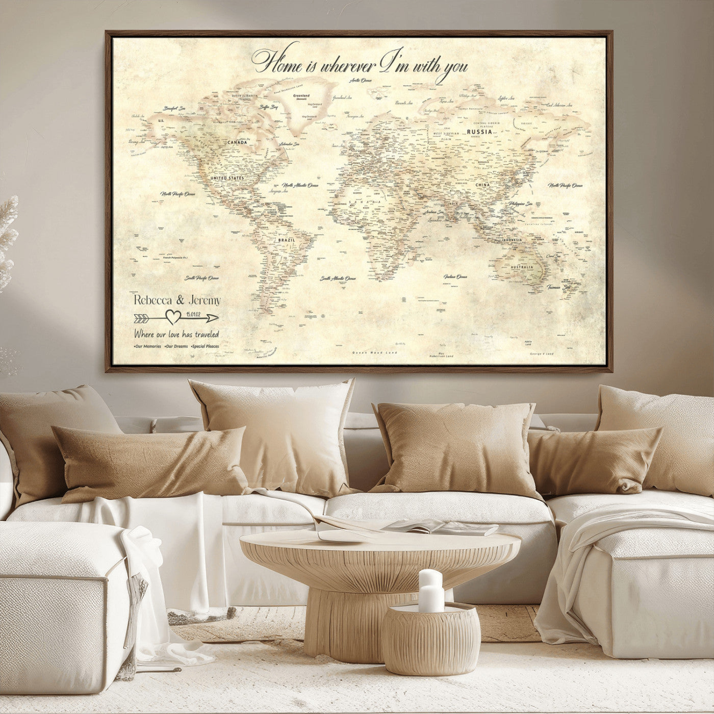 57950315-MGV-FC-36X24_Walnut-Personalized World Map Wall Art – Vintage Beige Travel Map with Custom Names, Romantic Anniversary Gift for Couples, Adventure