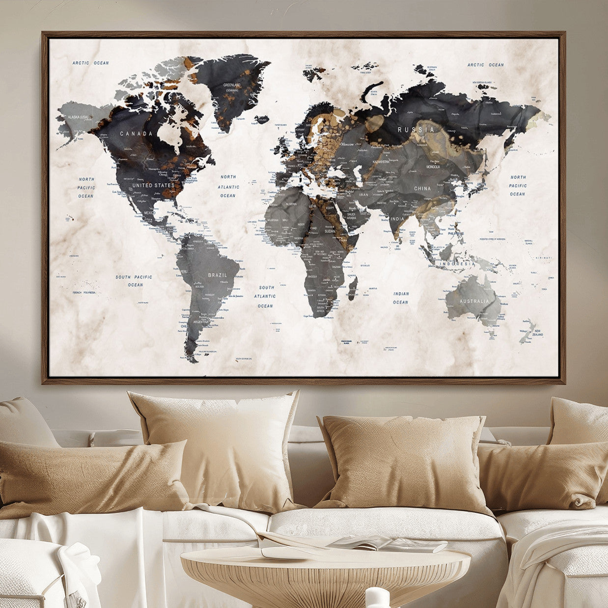 MGV-FC-36X24 - World Map Wall Art Canvas Print, Framed Rustic Map Art Picture Print, Antique Map Perfect Rustic Explorer Decor Artwork