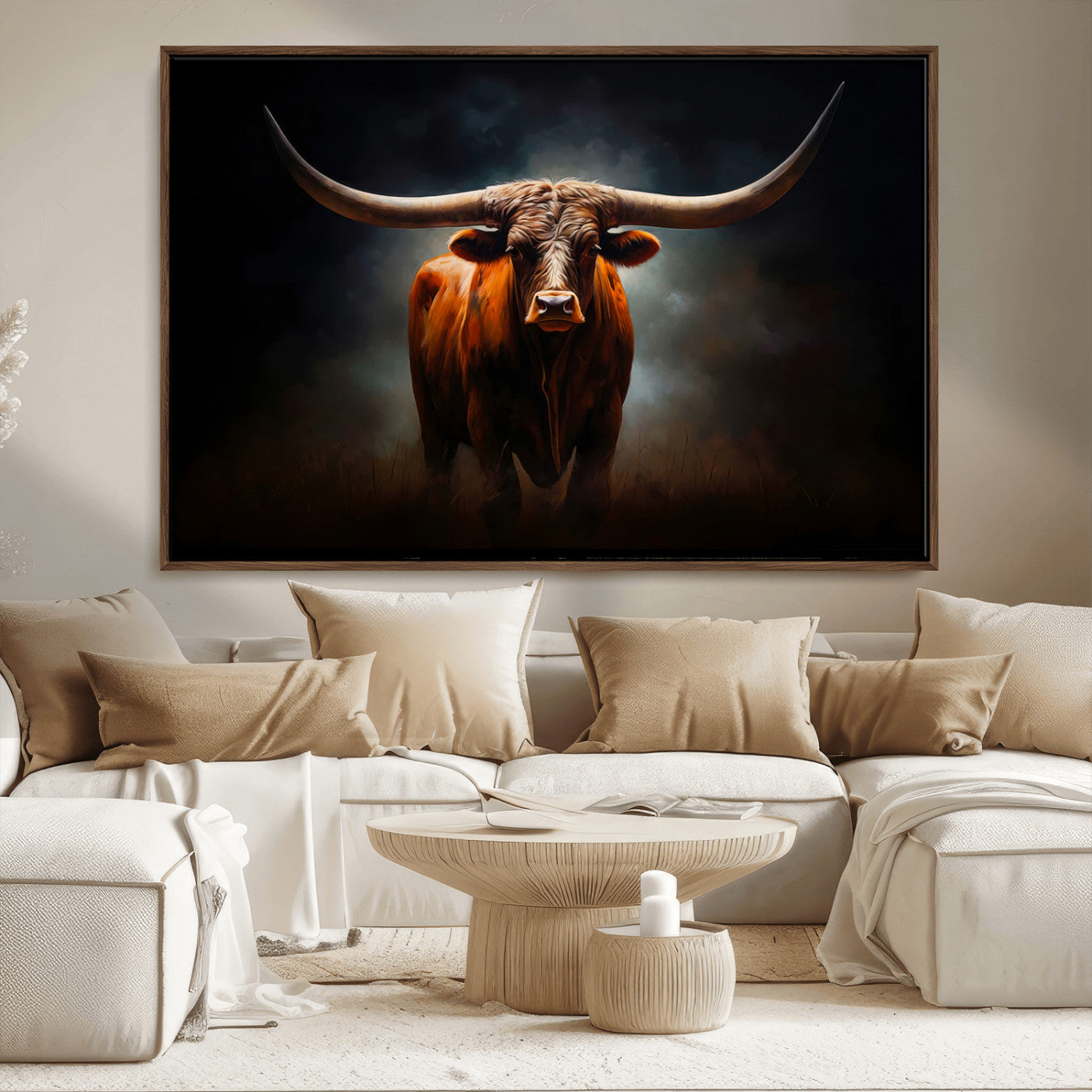 12484-MGV-CV-36X24-Texas Longhorn Wall Art Canvas Print, Framed Western Bull Art Picture Print, Moody Cattle Perfect Moody Western Decor Artwork