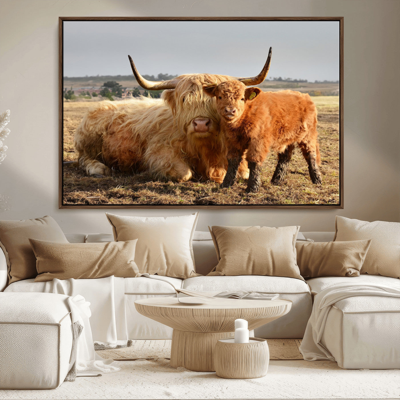 88780-MGV-FC-36X24_Walnut-Highland Cow Wall Art Canvas Print, Framed Cow Calf Art Picture Print, Scottish Cattle Perfect Rustic Farmhouse Decor Artwork