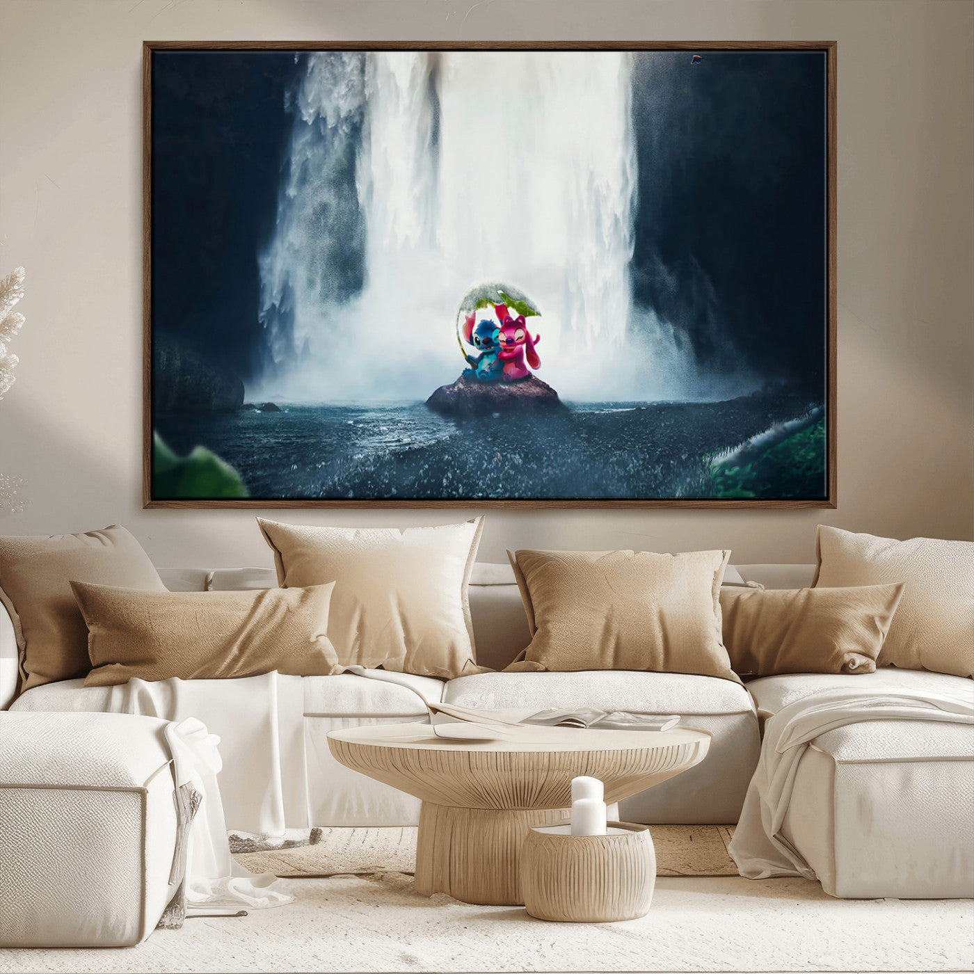 32259-MGV-CV-36X24-Stitch Angel Wall Art Canvas Print, Framed Stitch Waterfall Art Picture Print, Cartoon Couple Perfect Moody Fantasy Decor Artwork