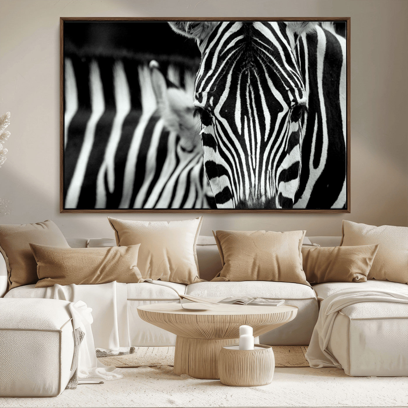 43631-MGV-FC-36X24_Walnut-Zebra Wall Art – Black & White Safari Wildlife Canvas Print, Modern Animal Photography Decor for Living Room, Office, or Bedroom
